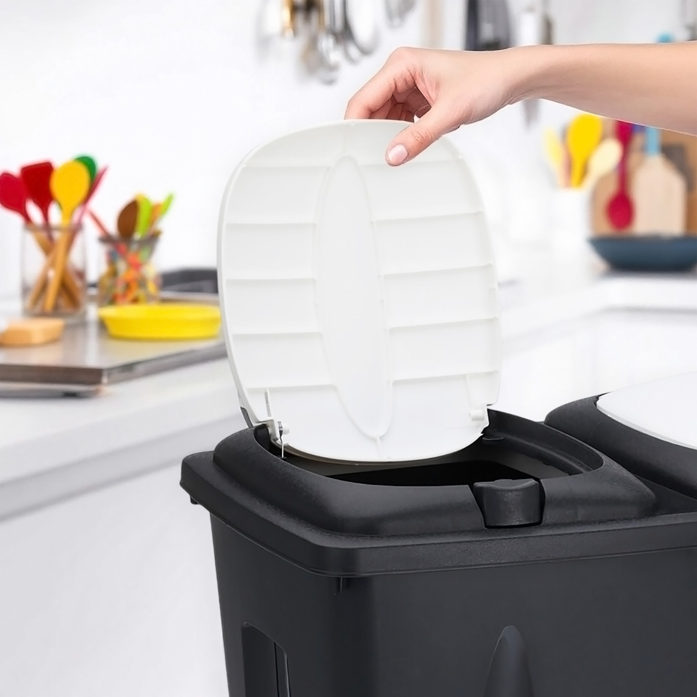 Duo Mülleimer 50 Liter schwarz mit Push Deckel in weiß - 2x 25 L