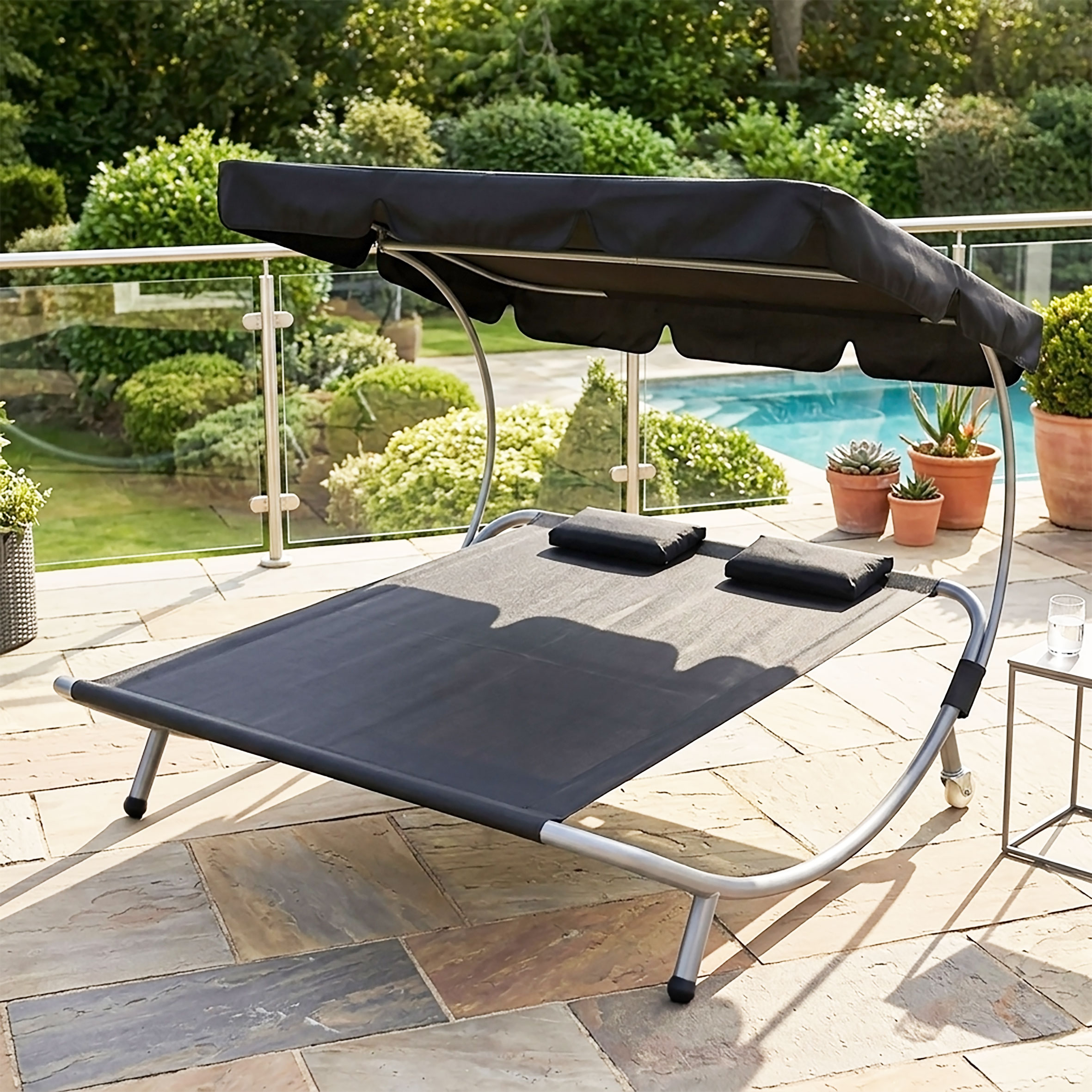 Doppel Sonnenliege mit Dach 199 x 174 cm - schwarz - XXL Liege mit mit verstellbarem Sonnendach belastbar bis 260 kg