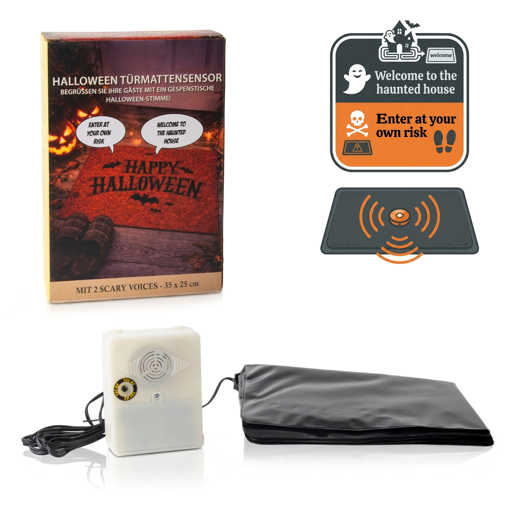 Halloween Trittsensor für Fußmatten mit 2 Grusel Begrüßungen - 35 x 25 cm - Sound Fußmatte mit Drucksensor batteriebetrieben