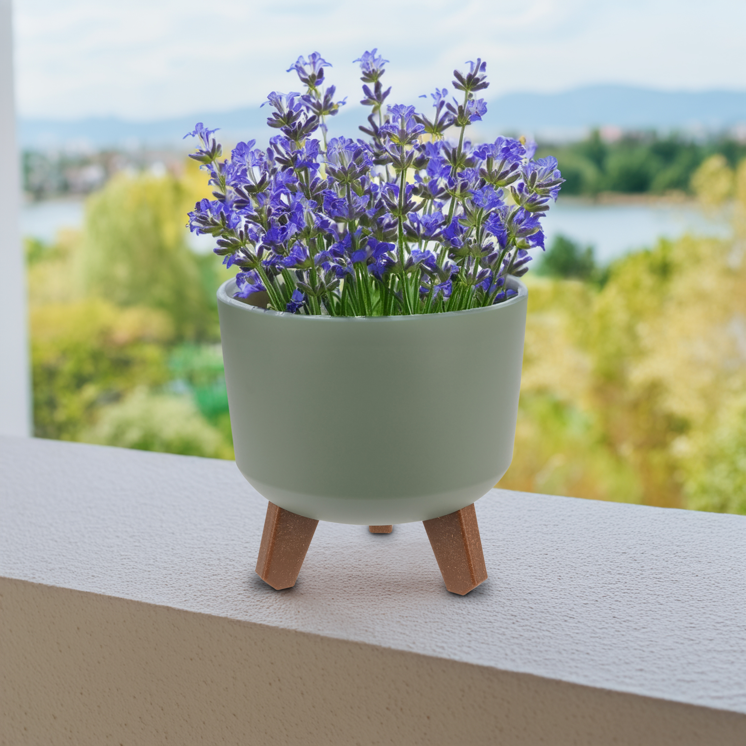 Kunststoff Blumentopf auf Füßen oliv - klein / Ø 19 cm - Pflanztopf rund mit Wasserspeicher Boden