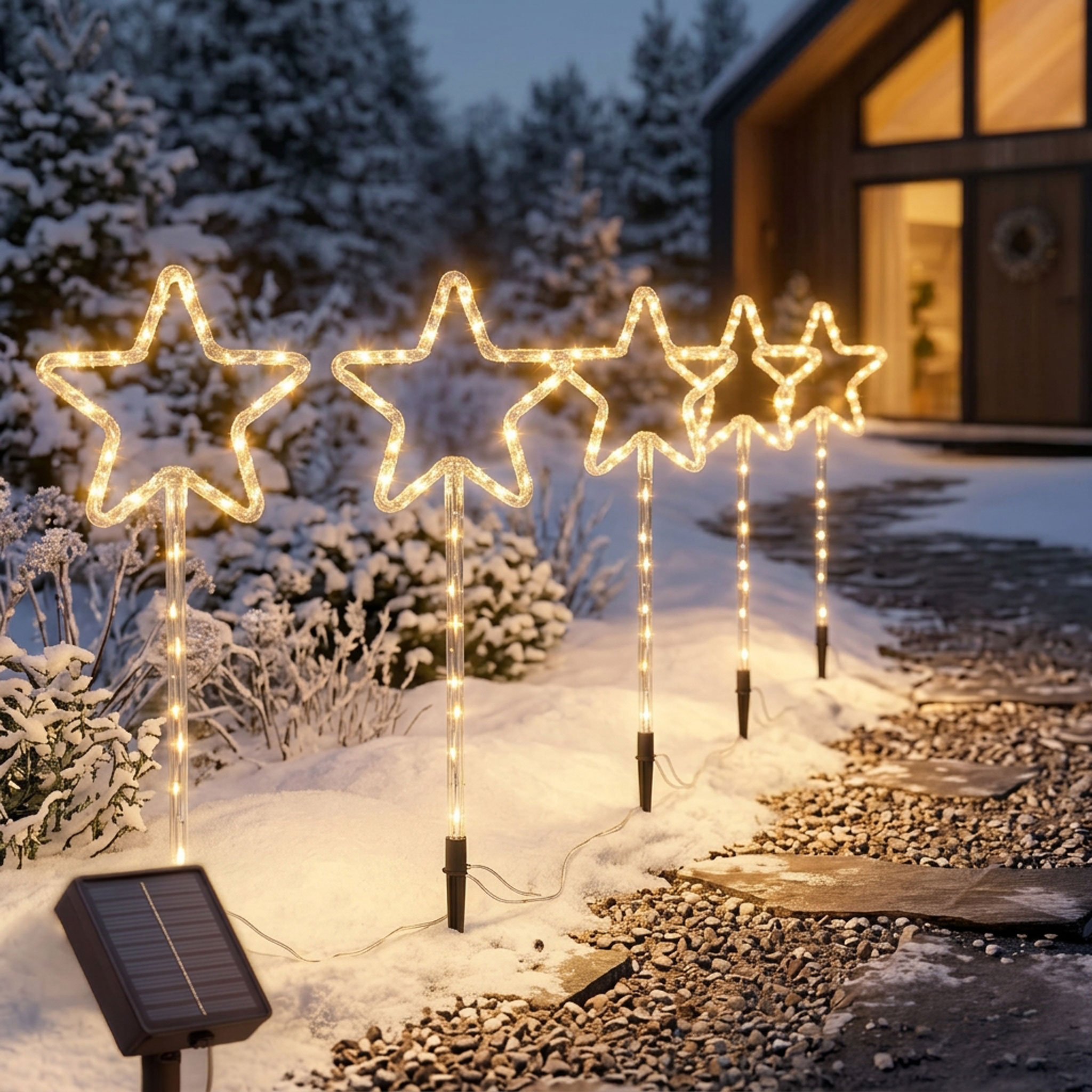 LED Solar Gartenstecker Stern mit 125 LEDs und 8 Funktionen - 5er Set - Weihnachts Deko Beleuchtung warm weiß für Außen
