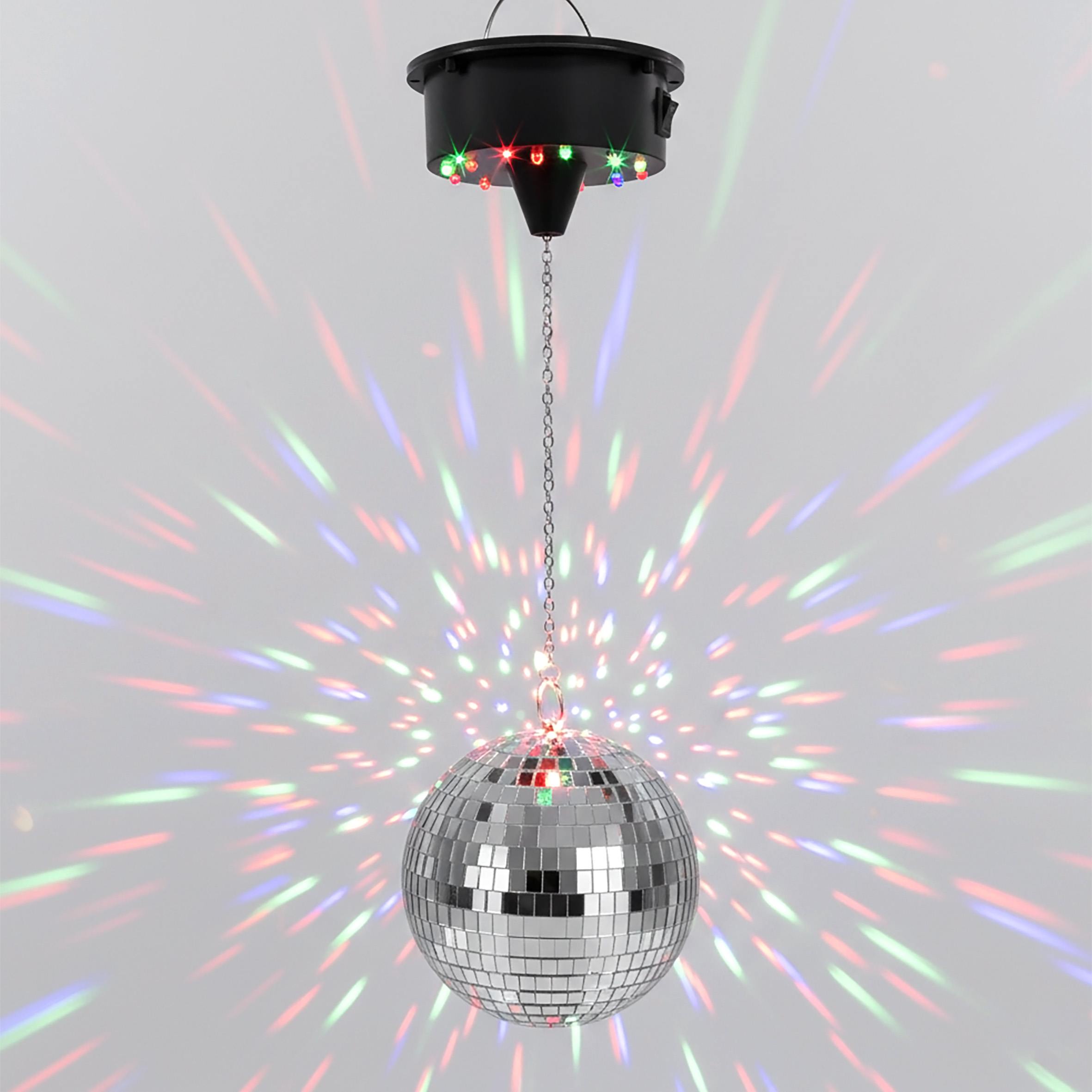 Discokugel mit Drehmotor batteriebetrieben und LED Beleuchtung in bunt - 15 cm