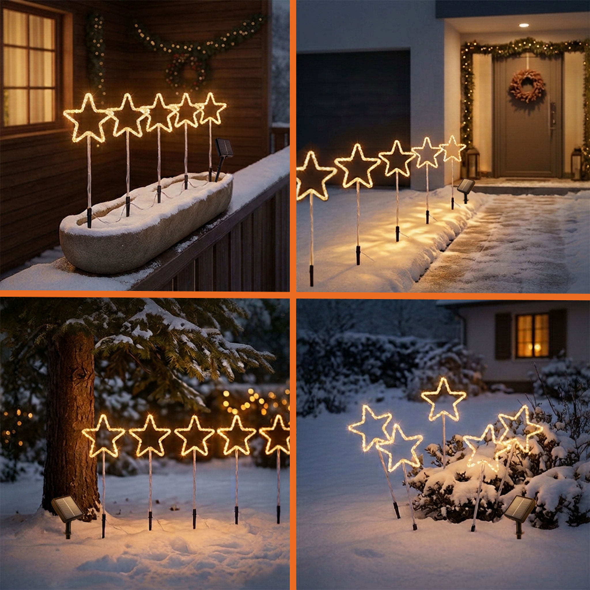 LED Solar Gartenstecker Stern mit 125 LEDs und 8 Funktionen - 5er Set - Weihnachts Deko Beleuchtung warm weiß für Außen