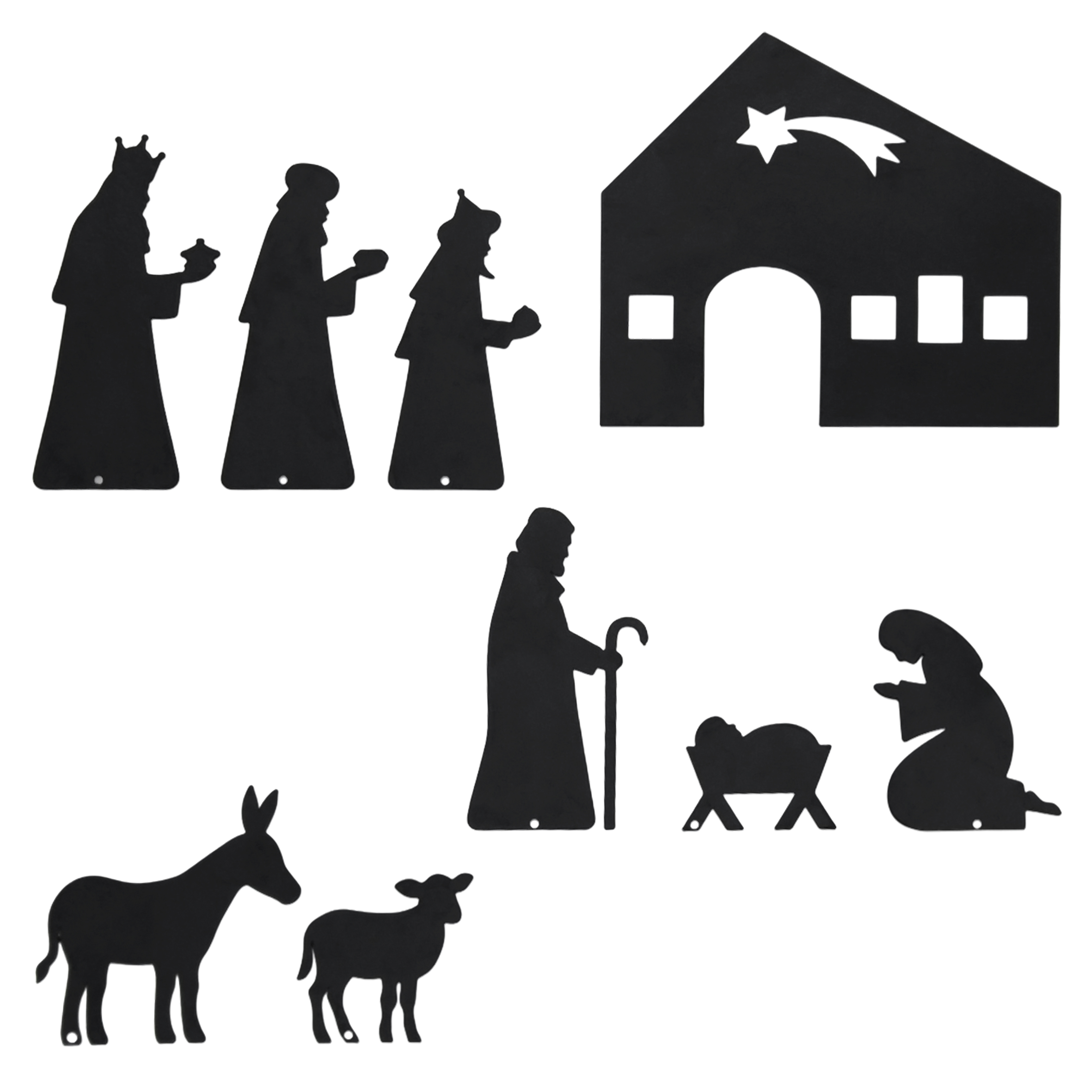 Teelichthalter Krippen Figuren schwarz - 32 x 9 cm - Weihnachtsdorf Silhouette mit Haltern für 4 Teelichter