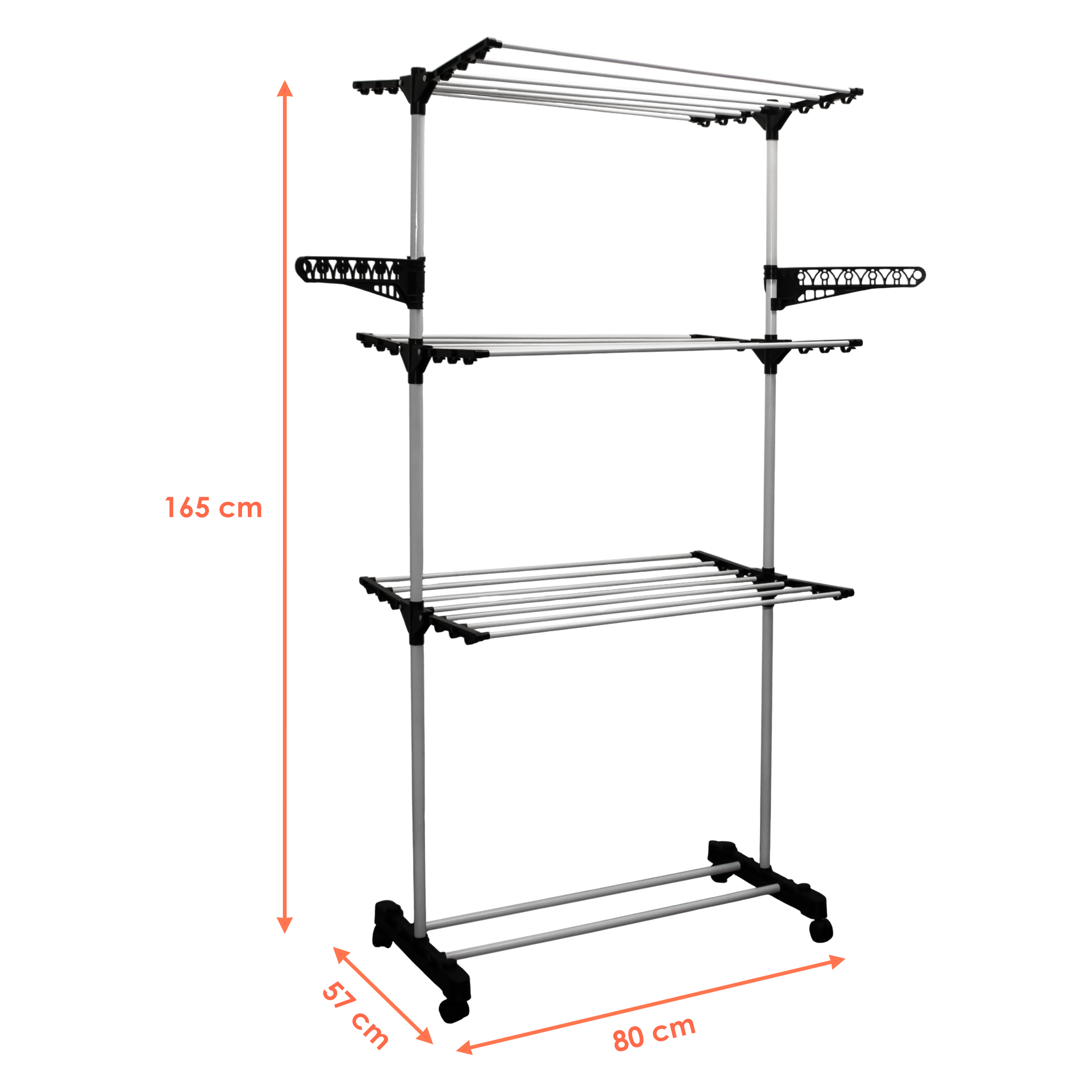 Wäscheständer Turm mit Rollen 15m Trockenlänge - 3 Etagen - Trockengestell 165 x 80 cm mit 6 klappbaren Flügeln