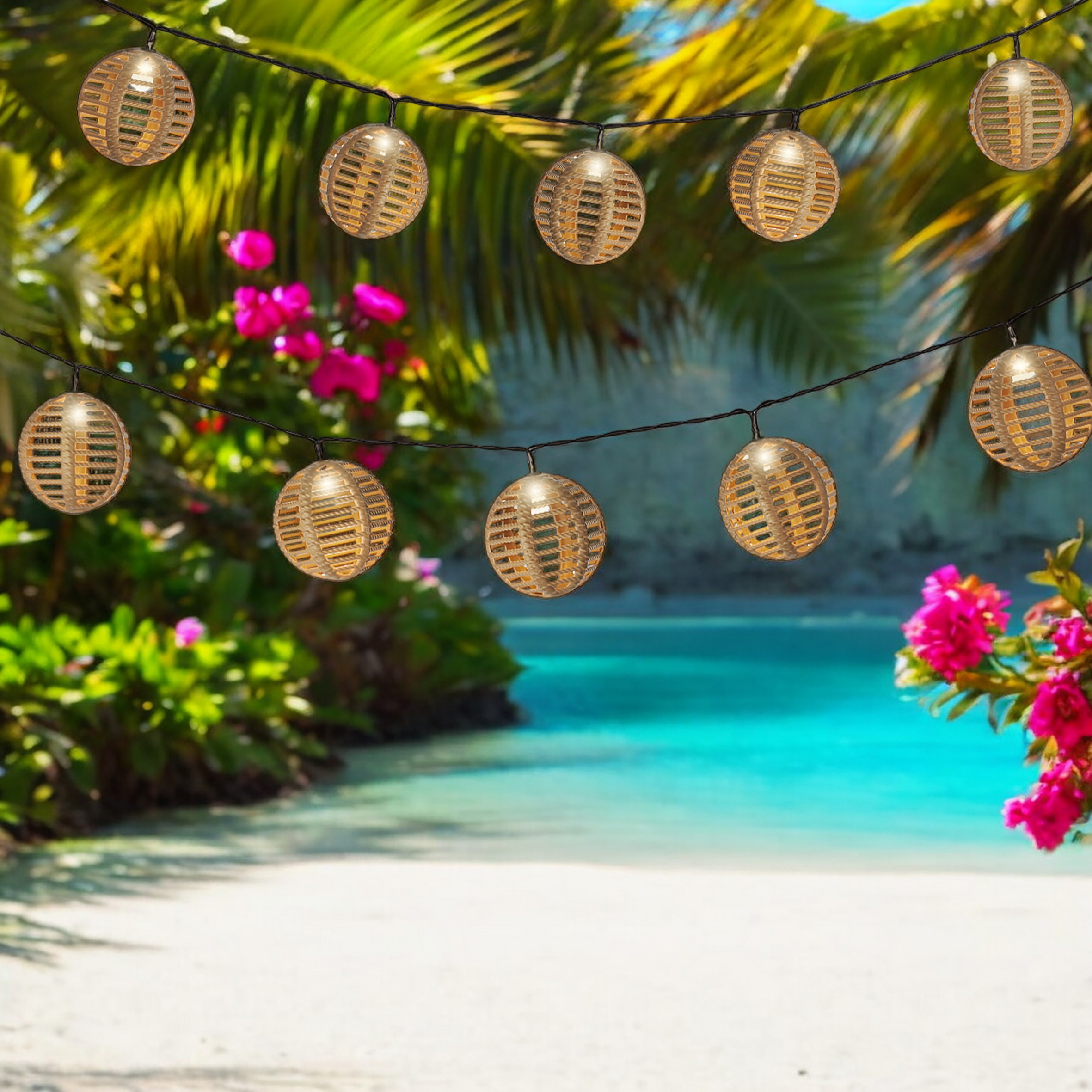 Solar Lichterkette mit 10 runden Lampions in Rattan Optik - 270 cm - LED Garten Deko Beleuchtung warm weiß