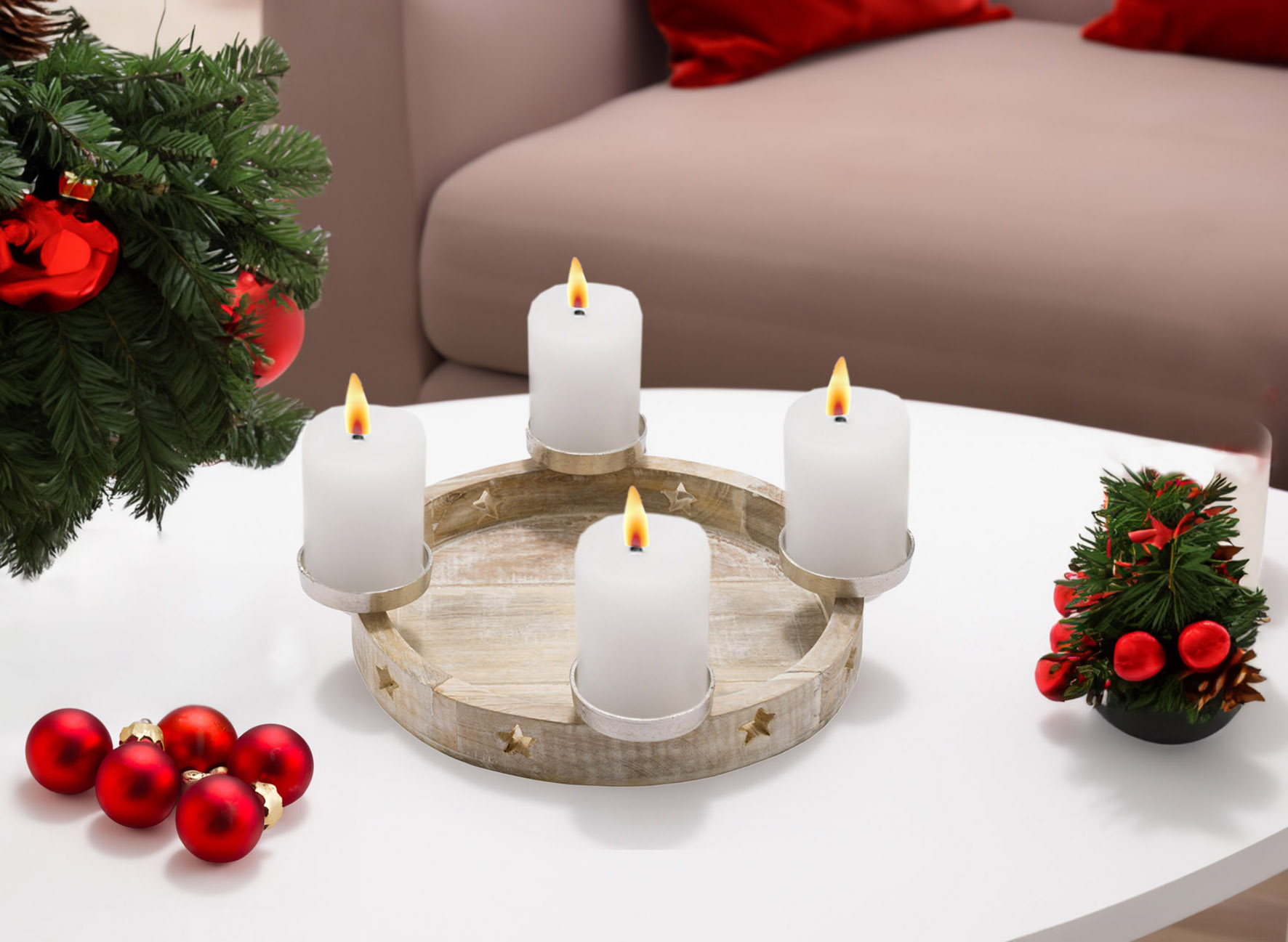 Holz Adventskranz white washed für 4 Stumpenkerzen - 35 cm