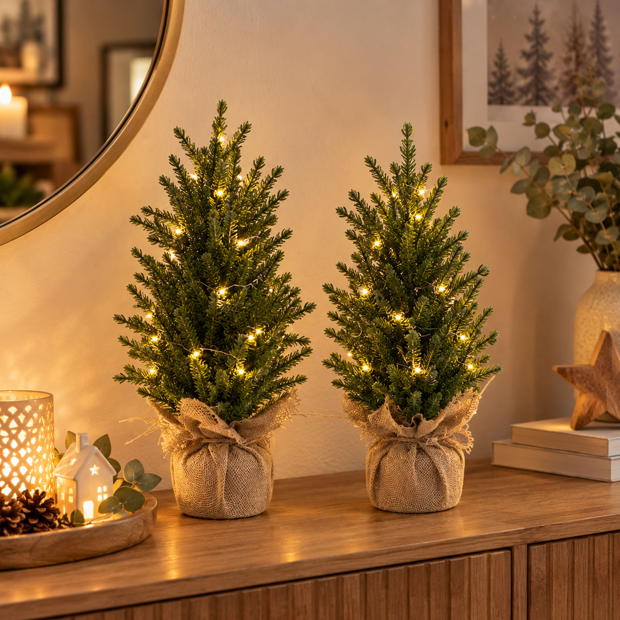 Mini Kunst Tannenbaum warm weiß beleuchtet 43 cm - 2er Set - Künstlicher Weihnachtsbaum klein mit je 15 LEDs batteriebetrieben