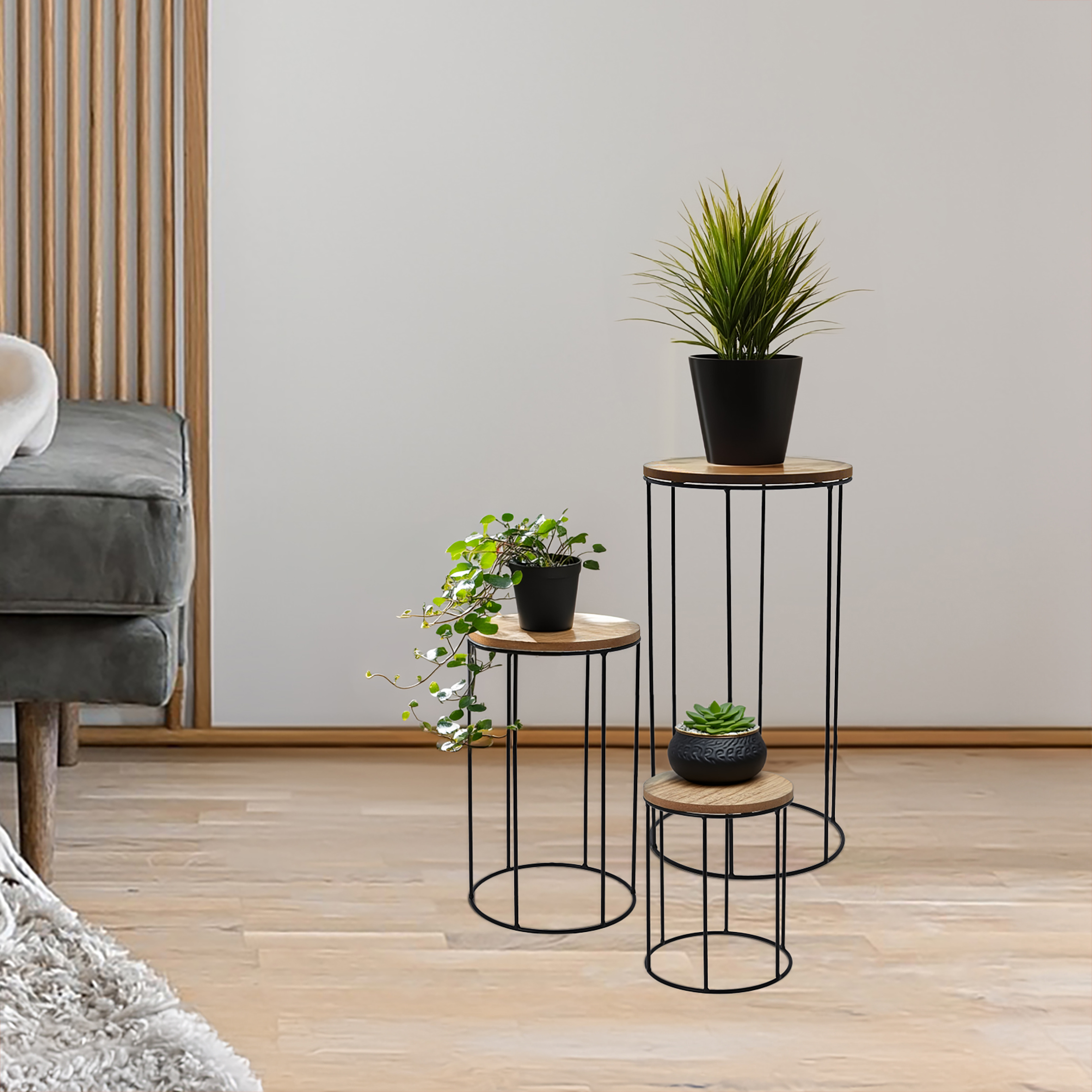 Holz Blumenhocker rund 3er Set - Ø 16 / 18 / 21 cm - Pflanzenständer mit Metall Gestell