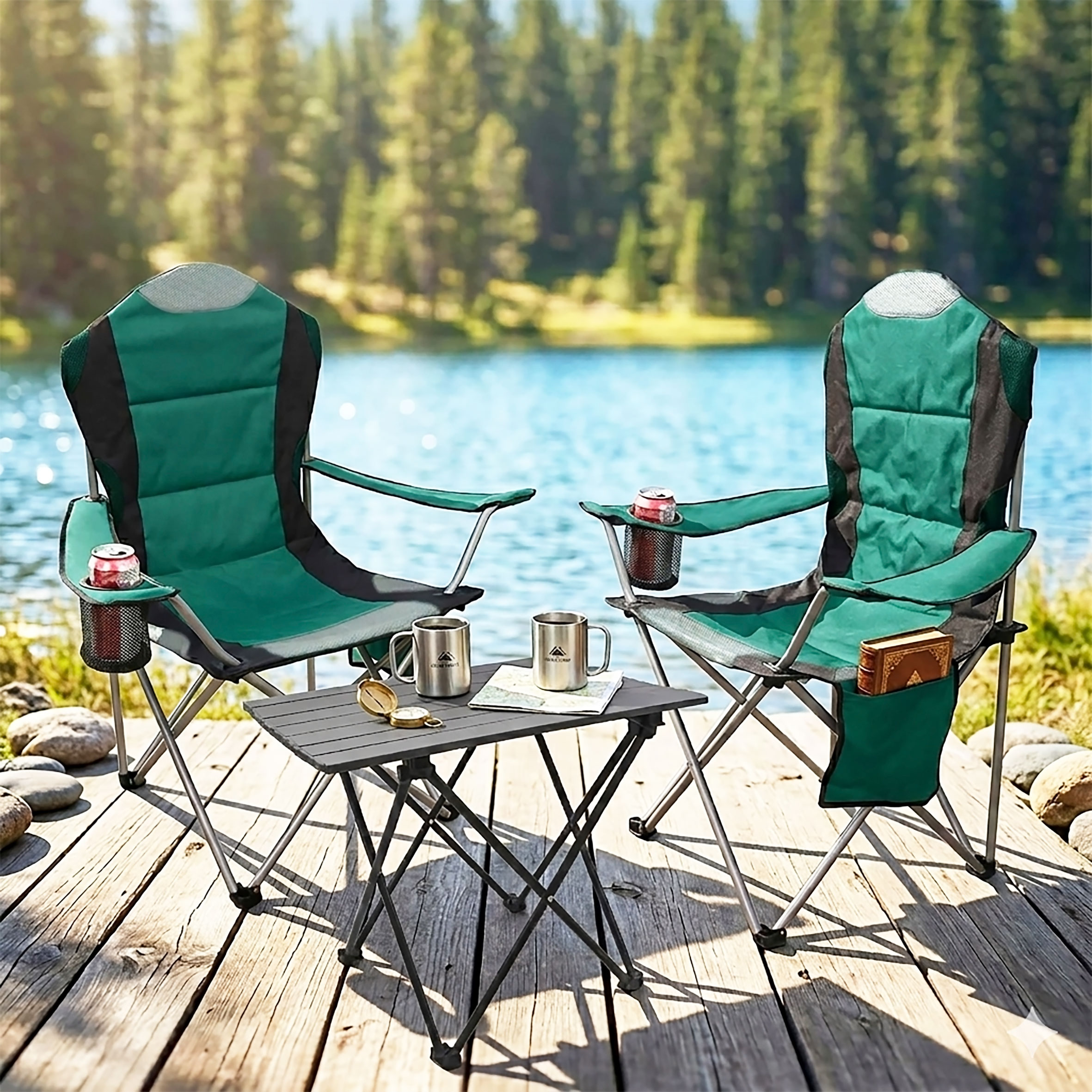 Camping Sitzgruppe 3-teilig mit Aluminium Klapptisch und Tragetasche - grün - Garten Tischgruppe mit 2 Campingstühlen bis 150kg