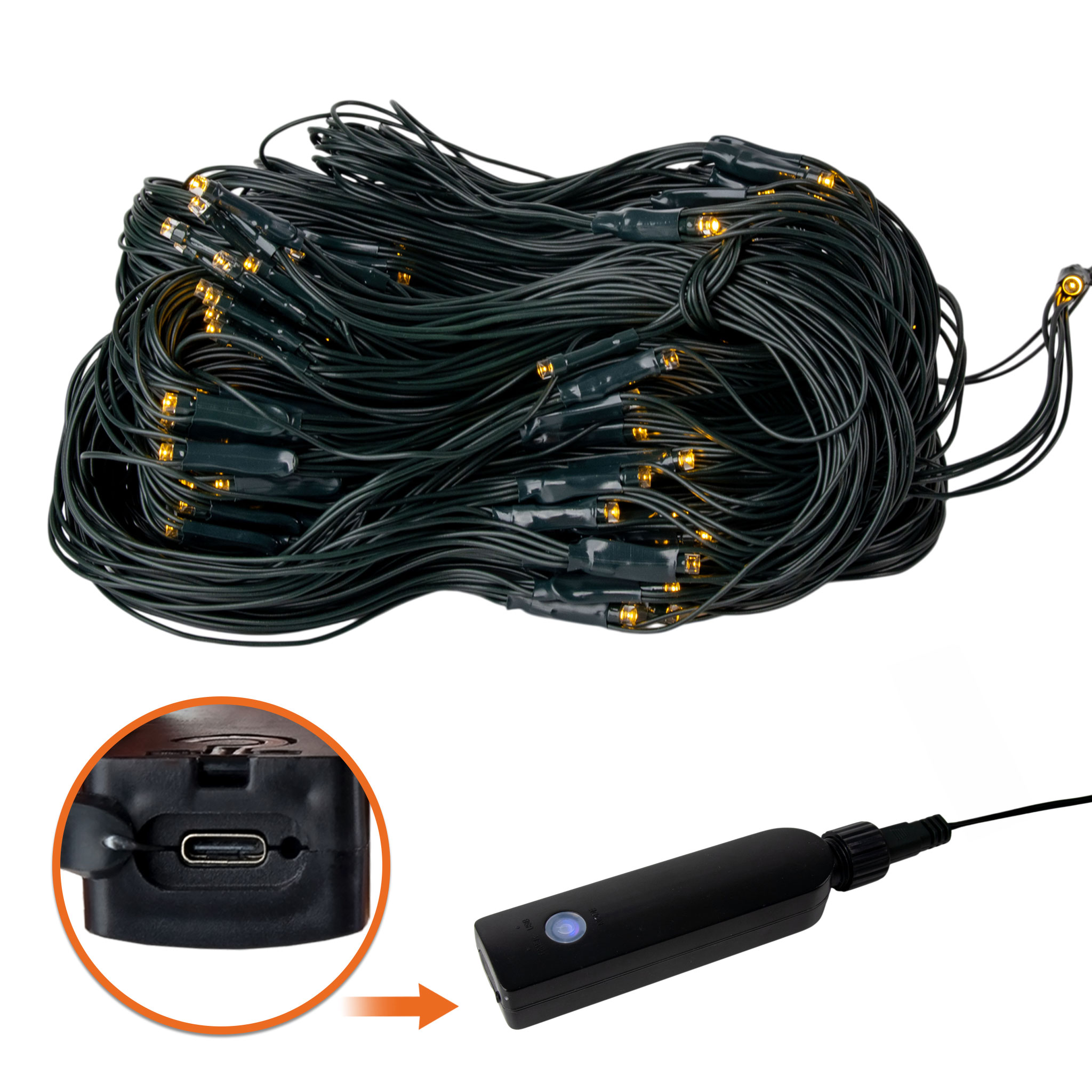 Powerbank Lichternetz 3 x 3 m mit Timer für Außen & Innen - 200 LEDs - Akku Lichtervorhang warm weiß bis 60 Stunden Leuchtdauer mit 8 Funktionen