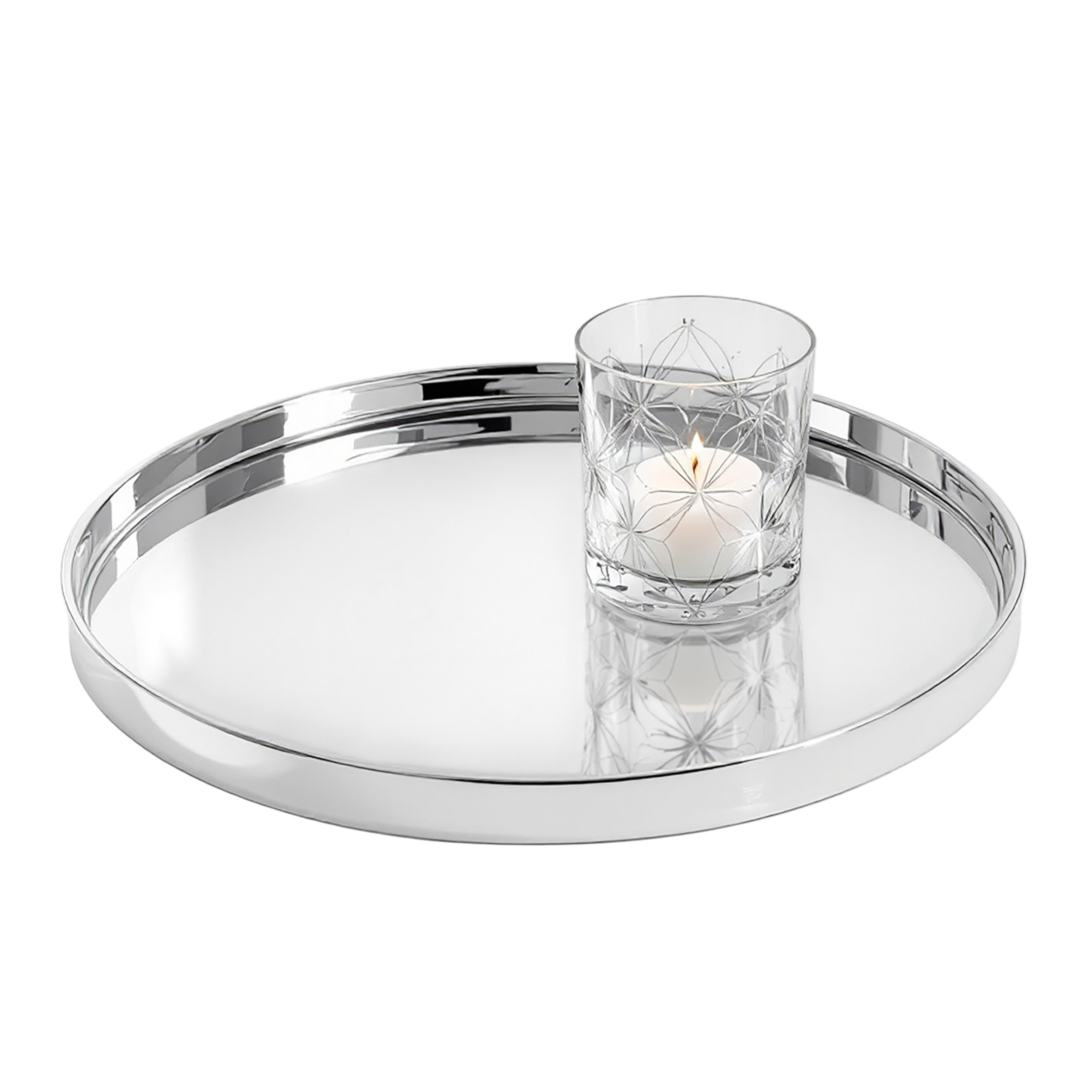 Metall Kerzentablett silber rund - 30 cm - Deko Silbertablett glänzend mit Rand