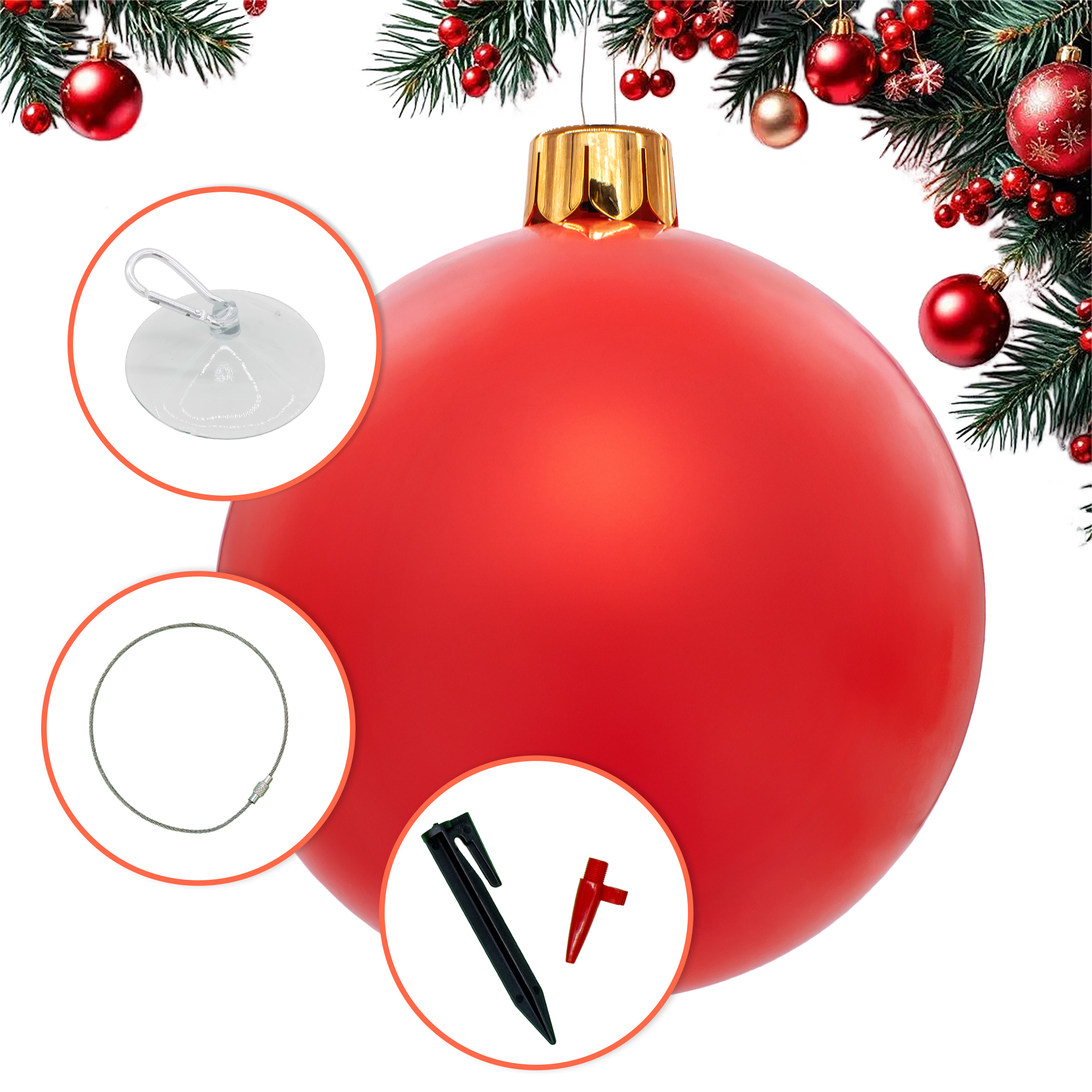Riesen Weihnachtskugel aufblasbar 45 cm mit Erdspieß - rot - XXL Christbaumkugel Garten Dekoration mit Saugnapf