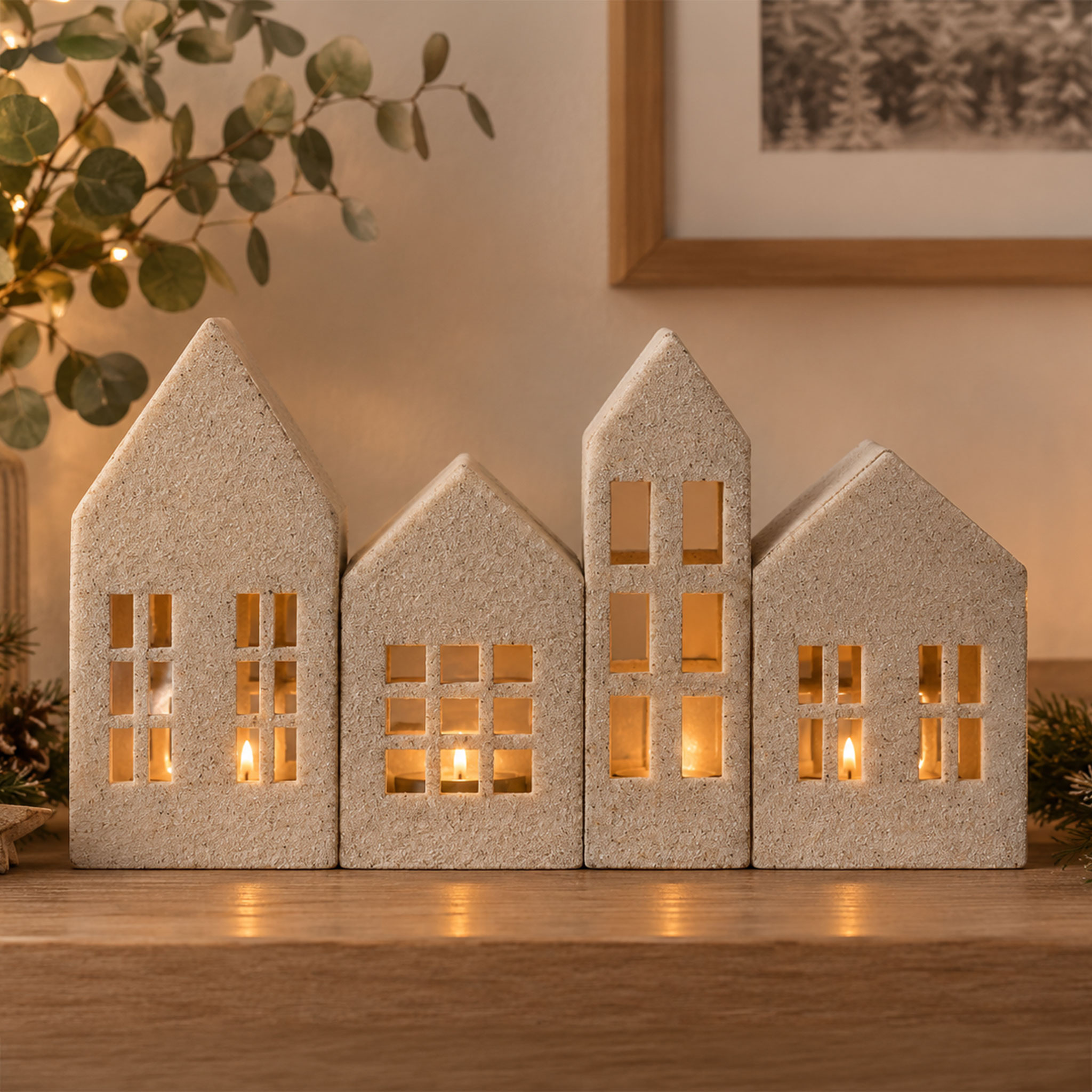 Metall Haus creme in Sandstein Optik 4er Set - 2x 15 cm | 2x 20 cm - Weihnachtsdorf Teelichthalter mit Sand Patina