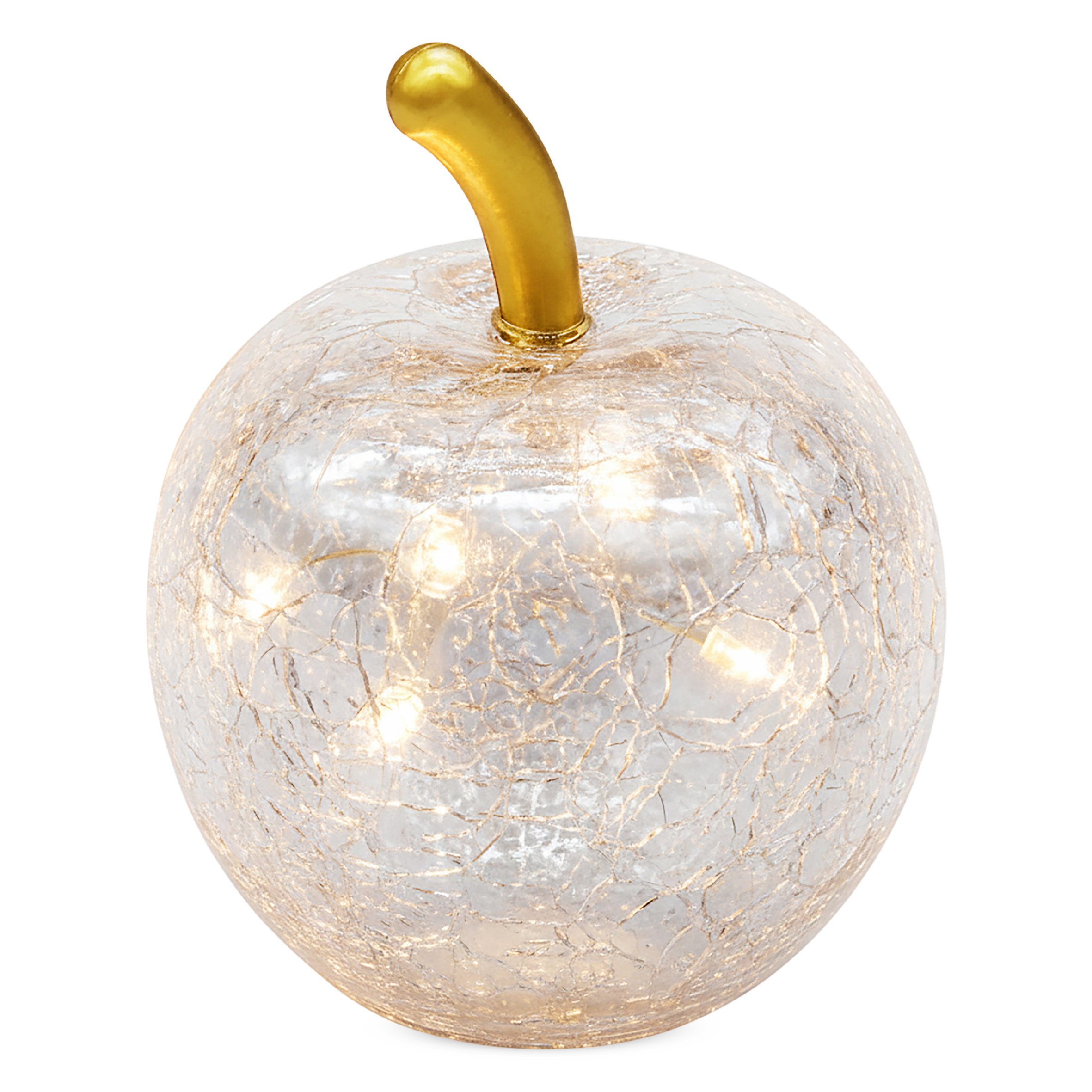 Mini Crackle Glas Apfel 7 cm mit 5 LED batteriebetrieben mit Timer - silber - Deko Frucht in Bruchglas Optik warm weiß beleuchtet