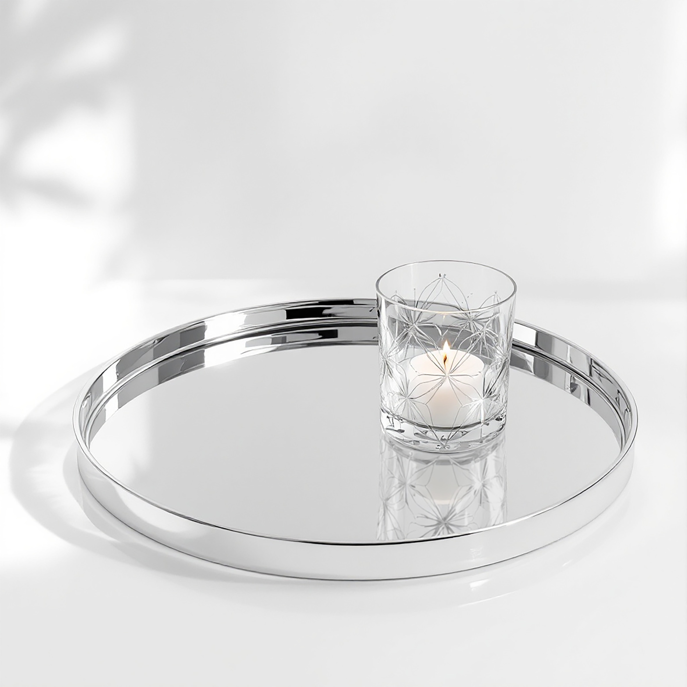 Metall Kerzentablett silber rund - 30 cm - Deko Silbertablett glänzend mit Rand