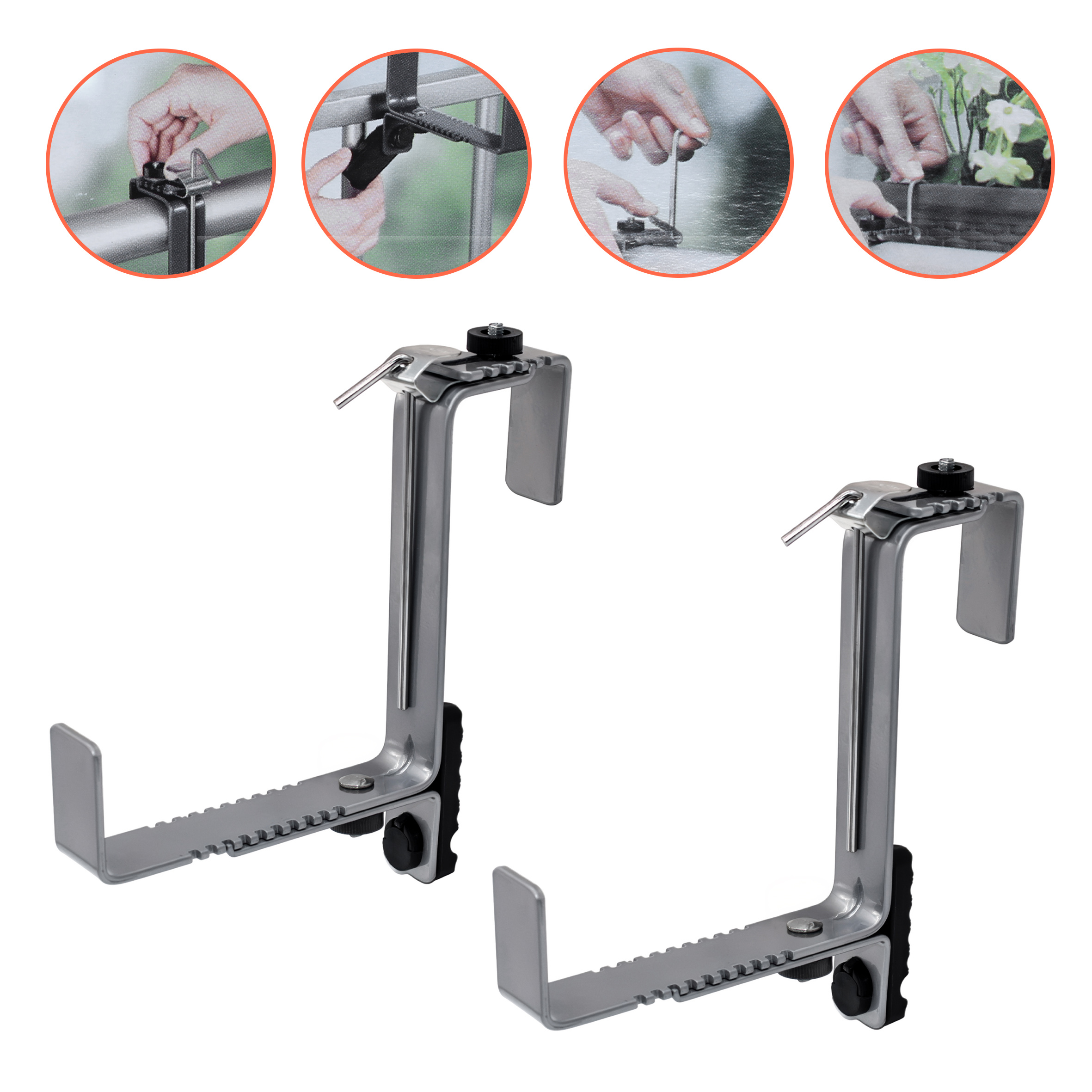 Blumenkasten Halter 2er Set bis 50 kg individuell verstellbar - hellgrau - Metall Halterung für eckige Balkongeländer von 4-7 cm