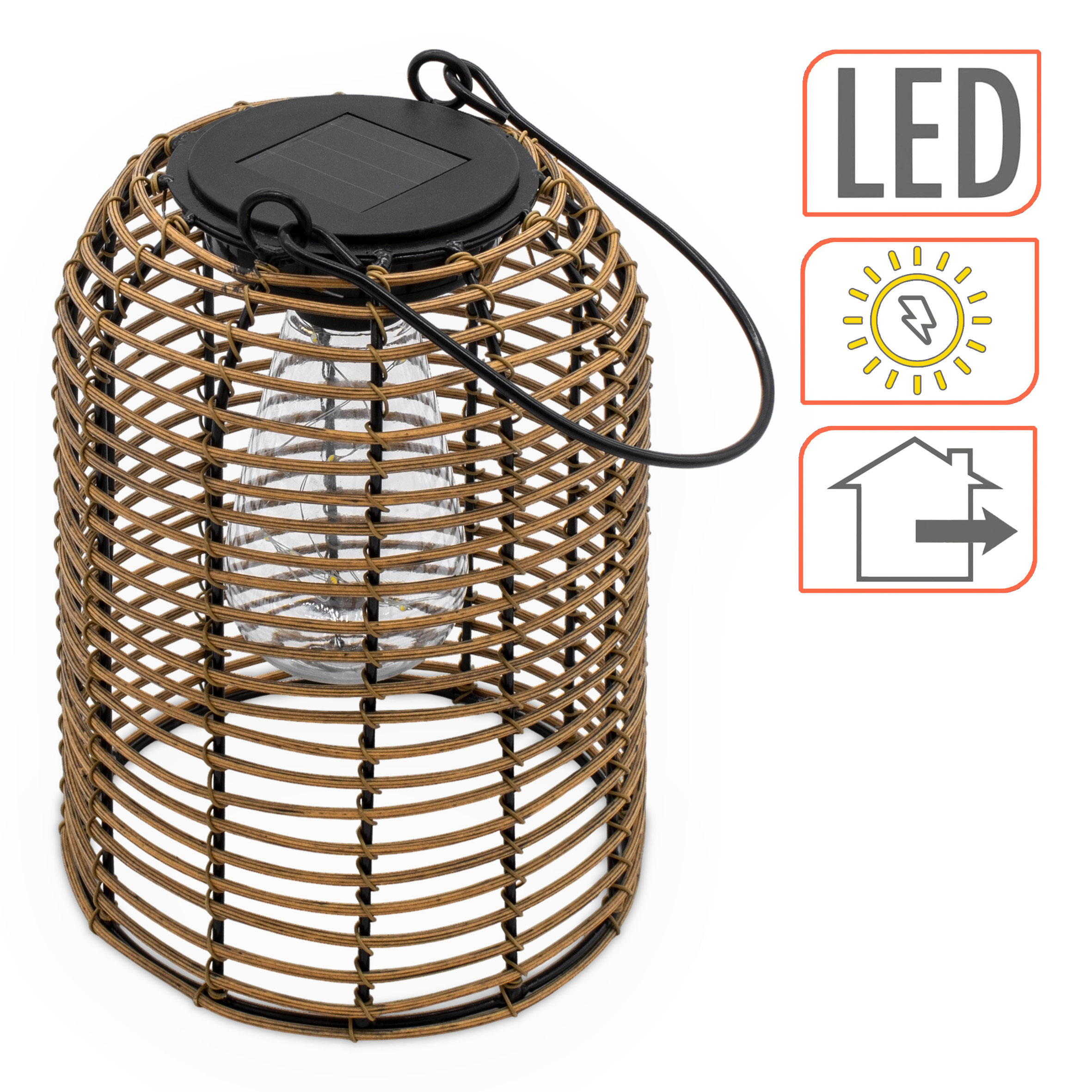 Solar Hängeleuchte in Rattan Optik natur mit LED Glühbirne - 20 x 16 cm - Deko Gartenlaterne zum Hängen warm weiß beleuchtet