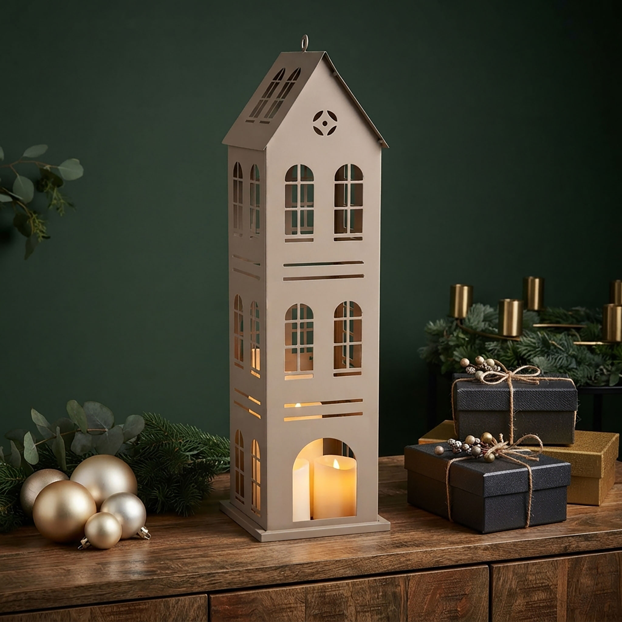 XL Metall Laterne Haus beige - 52 x 14 cm - Deko Windlicht zum Stellen oder Hängen
