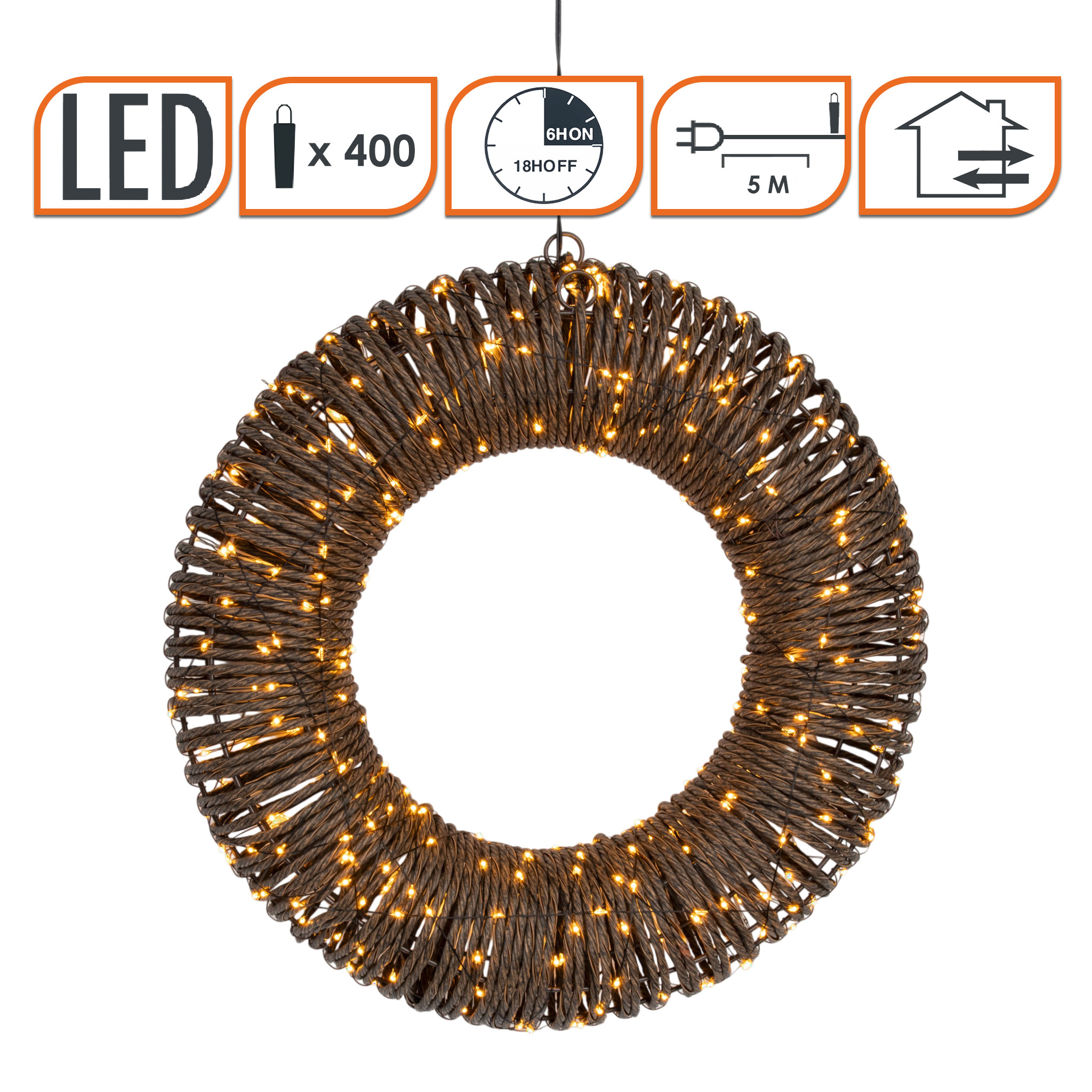 LED Rattankranz mit Twinkle Effekt für Außen mit Timer - 38 cm - Türkranz mit 400 flashing LEDs in extra warm weiß