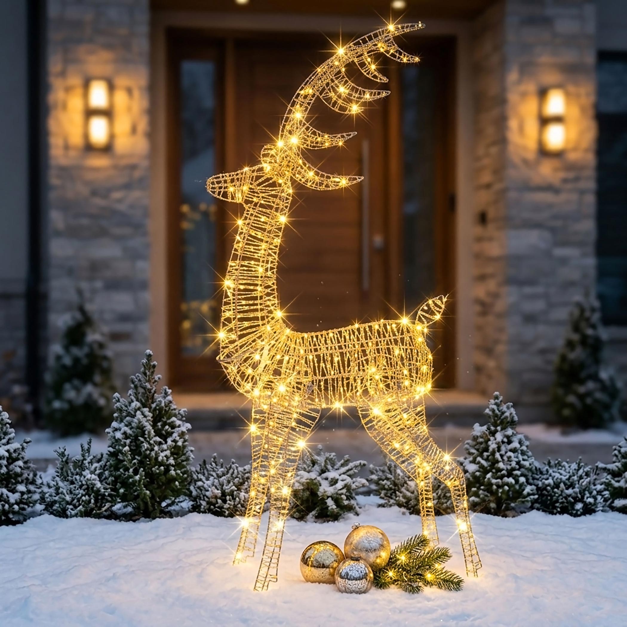 XL LED Rentier gold mit Twinkle Effekt für Außen - 180 cm - Weihnachts Dekofigur mit 300 funkelnden LEDs in warm weiß