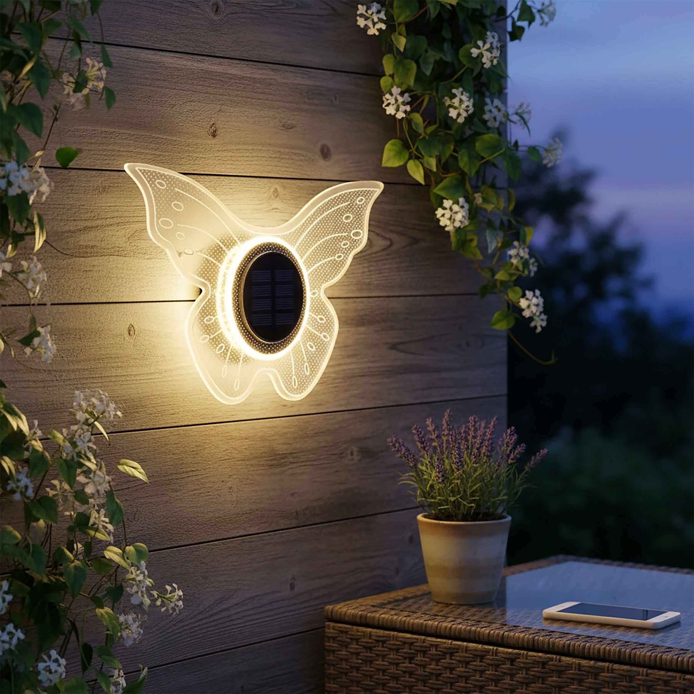 LED Solar Wandlampe Schmetterling transparent - 25 cm - Deko Wandleuchte warm weiß für Außen