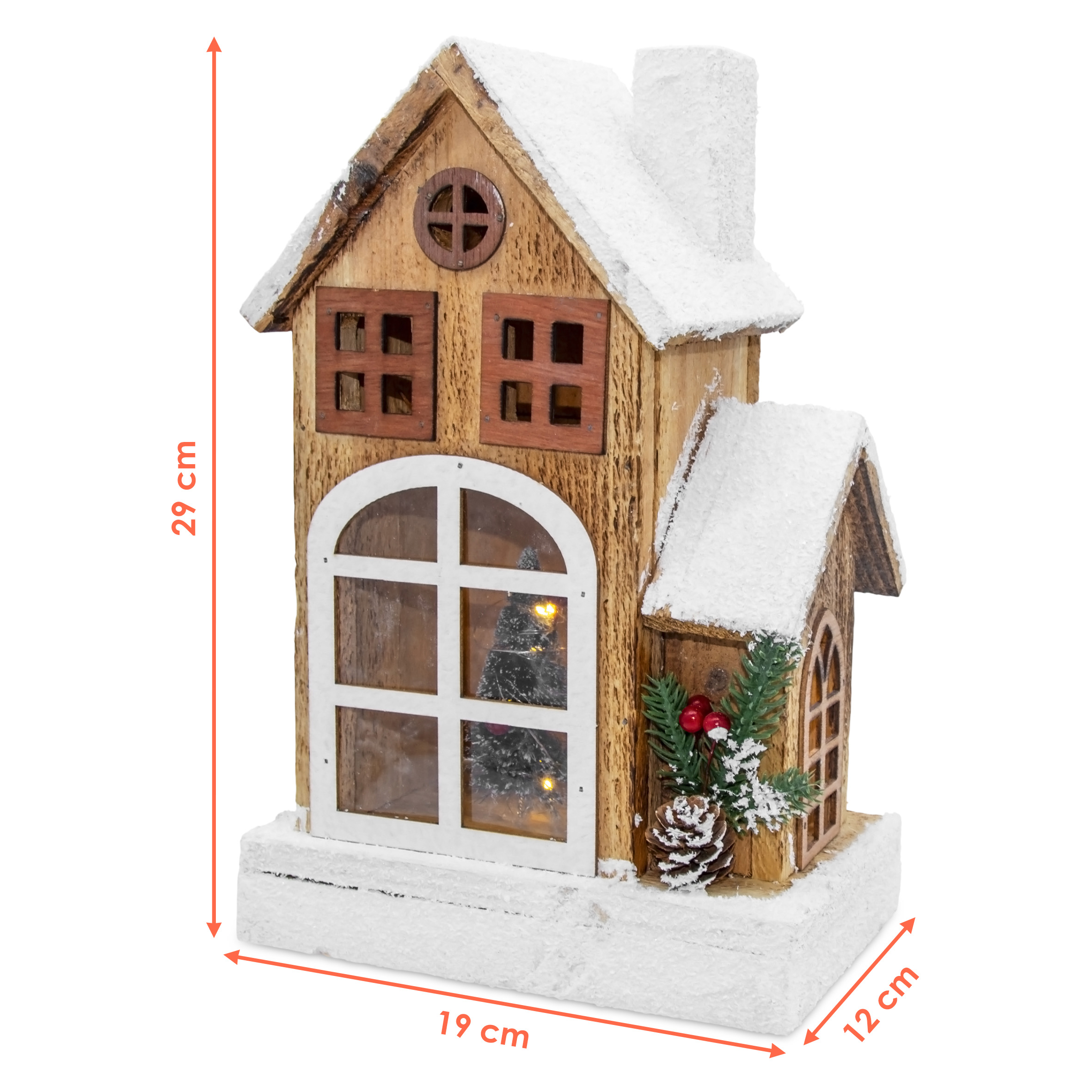 LED Holz Weihnachts Haus mit Schneedach - 29 cm - Lichterhaus Batterie betrieben