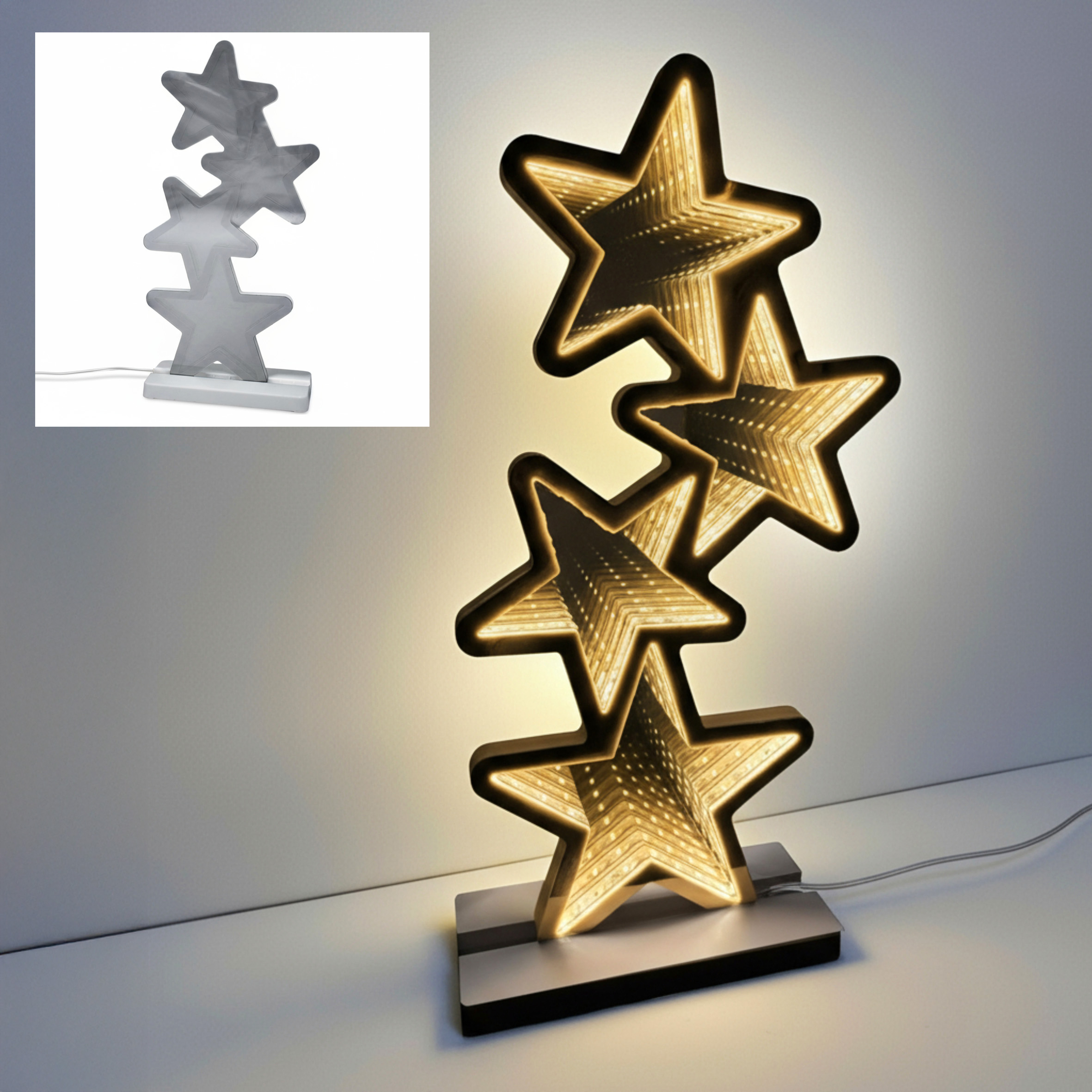 Deko Tischleuchte Sterne 41 cm mit Infinity Effekt Beleuchtung - 117 LED - 3D Weihnachts Dekofigur beidseitig beleuchtet