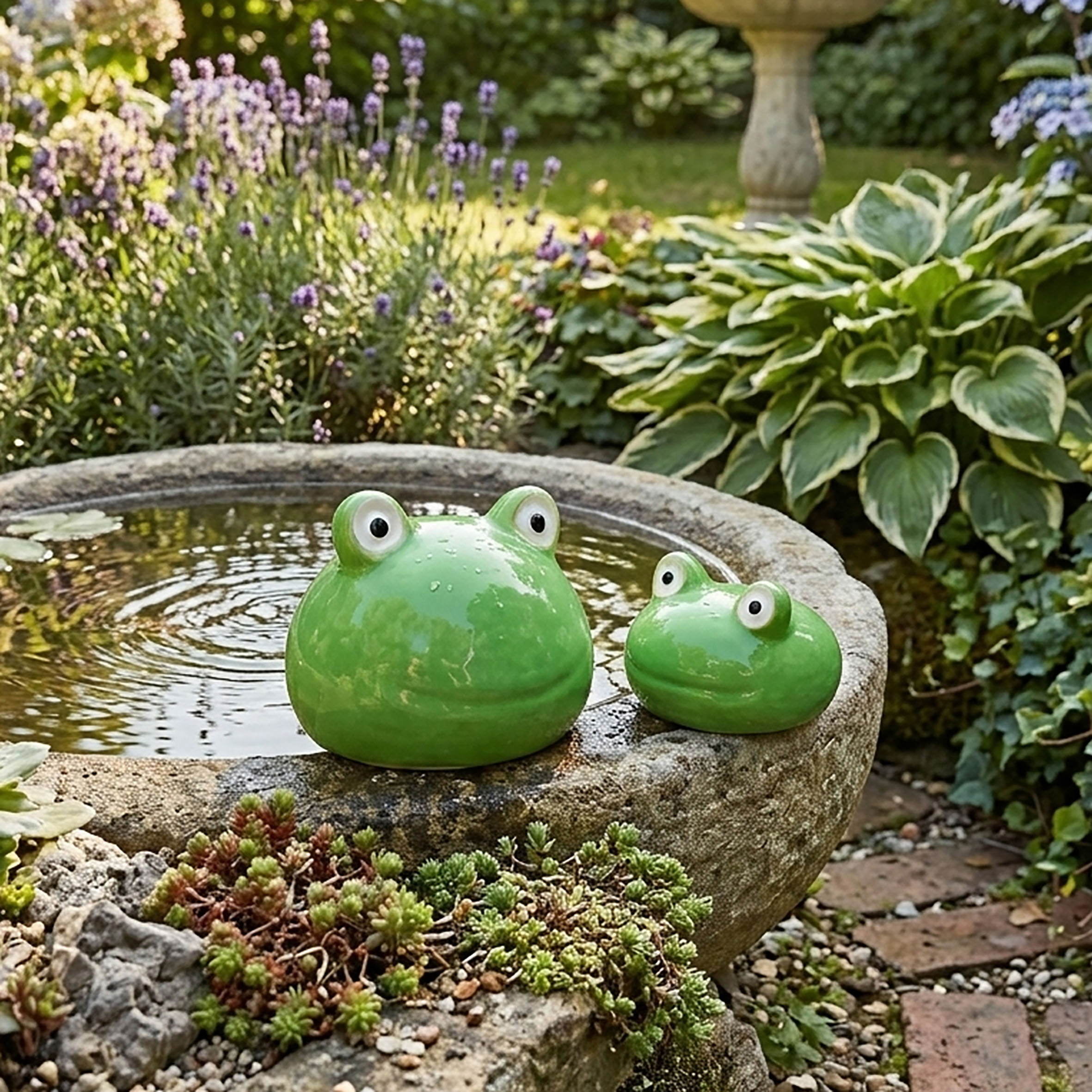 Porzellan Schwimmdeko Frosch Figur 8 + 6 cm - 2er Set - Feinkeramik Dekofigur schwimmend für den Gartenteich