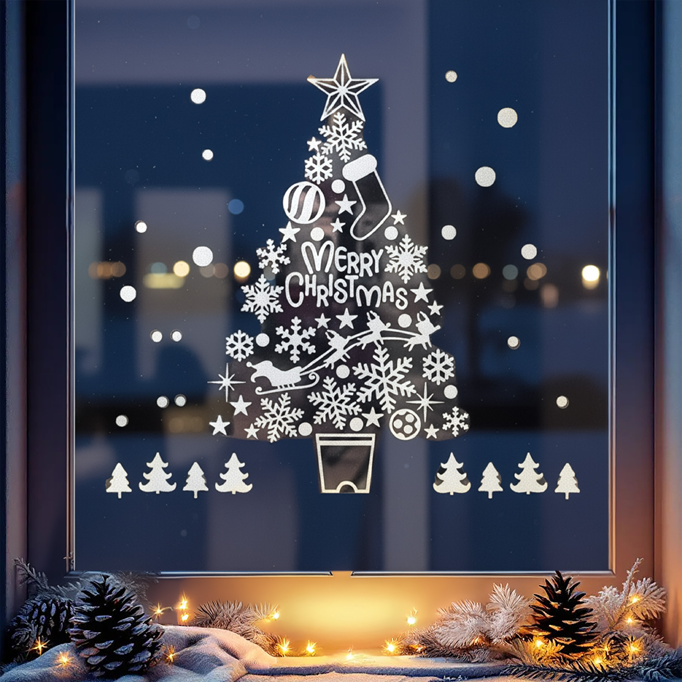 Weihnachts Fensterbilder selbstklebend 72 x 54 cm - 2er Set - Winter Fensteraufkleber Schneemann und Weihnachtsbaum