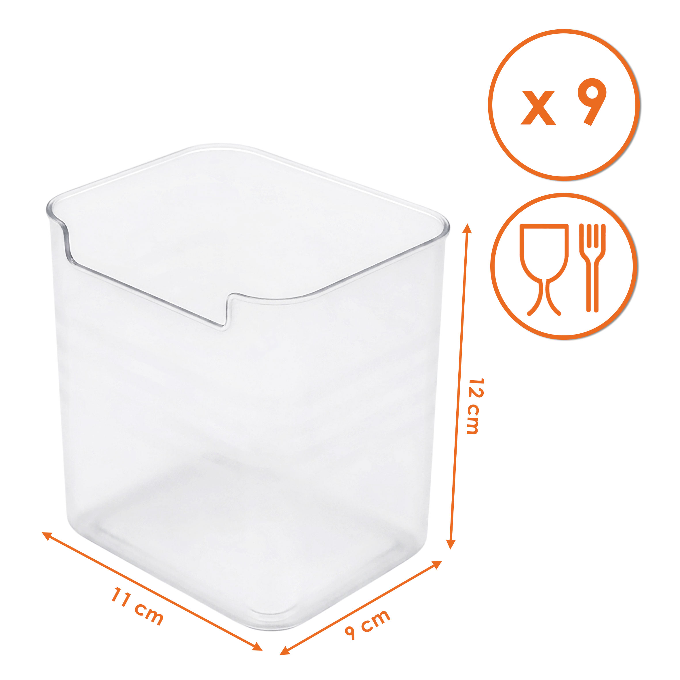 Kunststoff Kühlschrank Organizer klein 12 x 11 cm transparent - 9er Set - Aufbewahrungsbox für die Küche lebensmittelecht