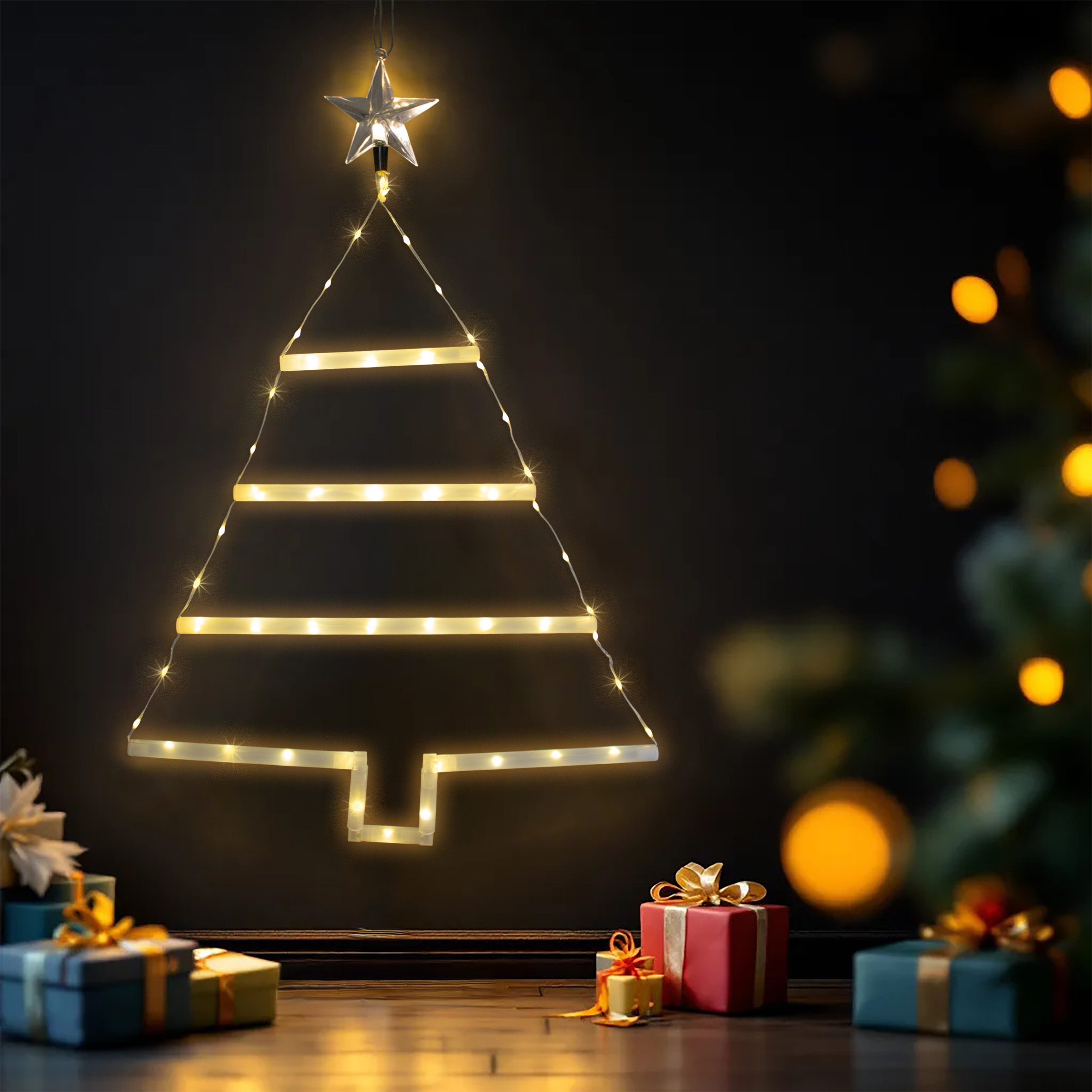 Fensterbild Weihnachtsbaum 66 LED mit 8 Funktionen und Timer - 70 x 46 cm - Fenster Silhouette Tannenbaum warm weiß beleuchtet mit Stern Spitze