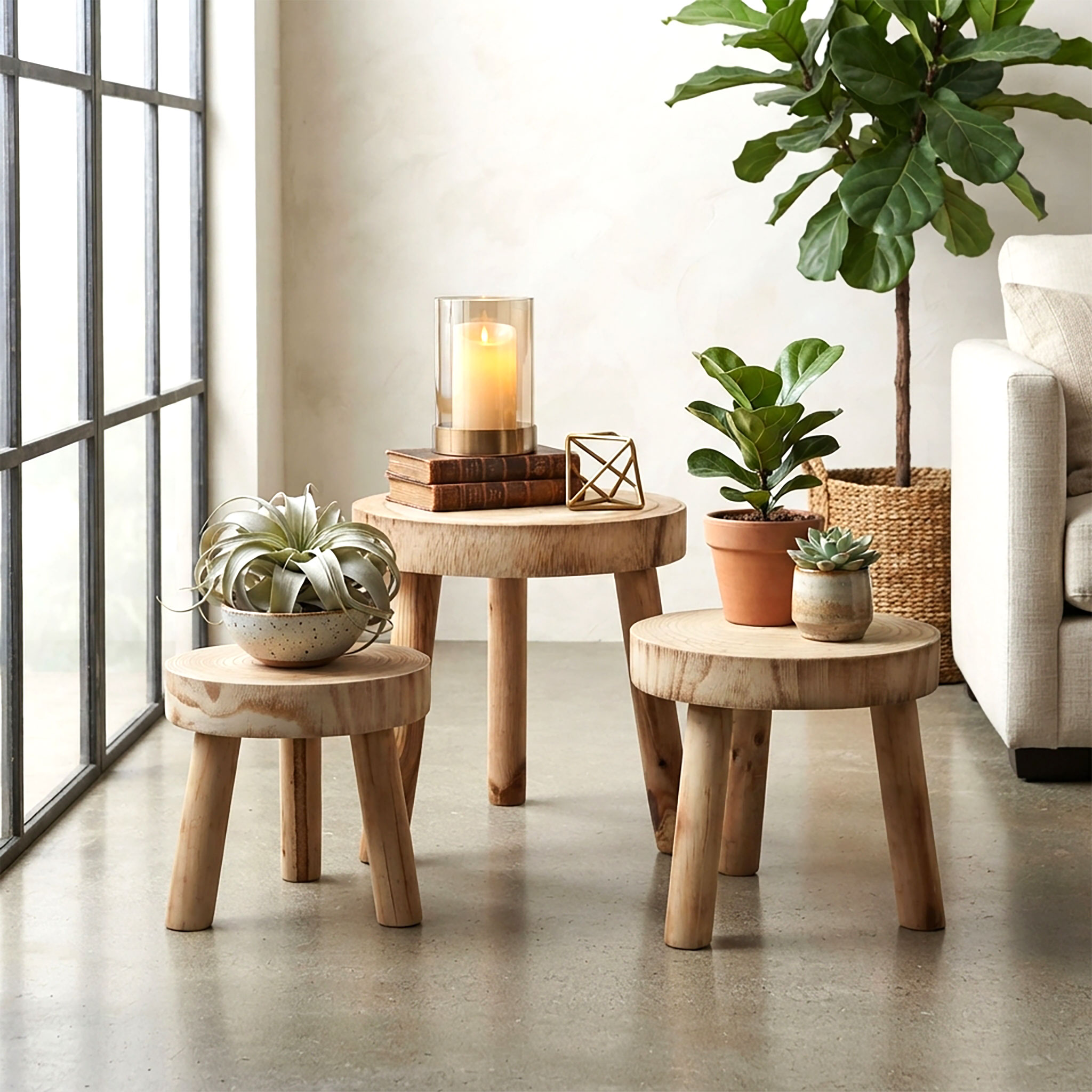 Holz Blumenhocker mit 3 Beinen braun 3er Set  - 32 / 26 / 22 cm - Massivholz Deko Pflanzenständer rund