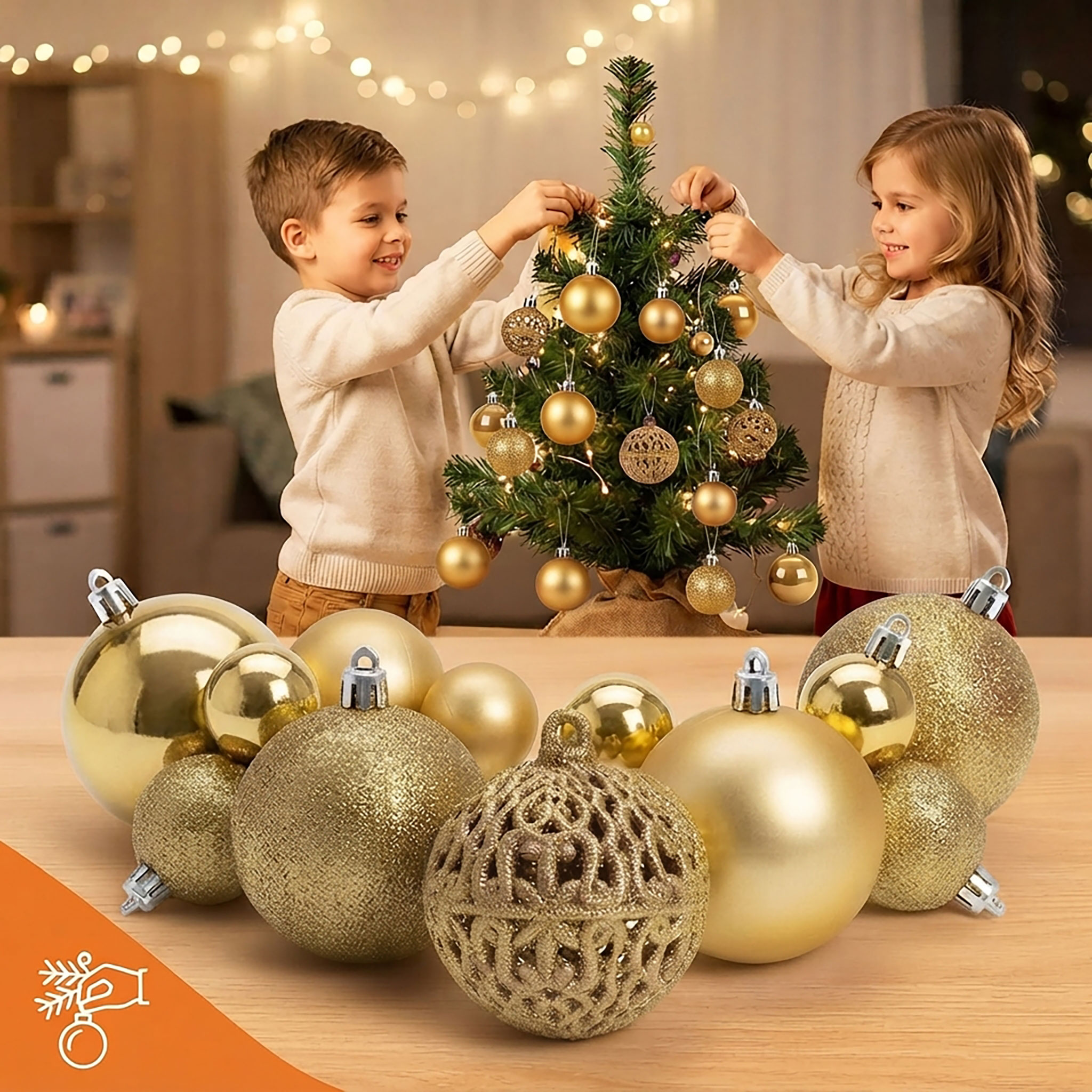 Kunststoff Christbaumkugel Set 50-teilig bruchsicher - gold - Design Weihnachtskugeln inklusive Metall Haken