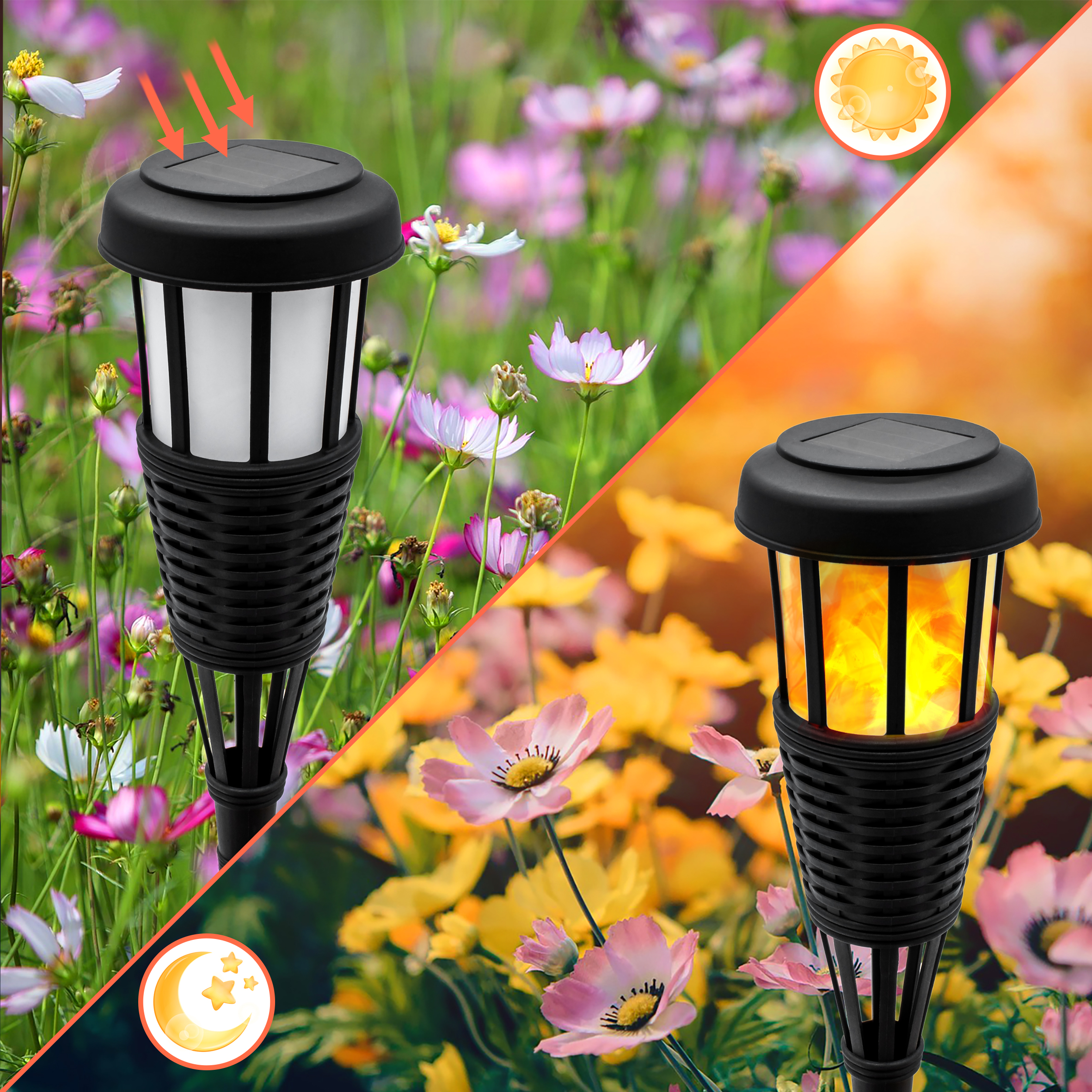 LED Solar Gartenfackel in Rattan Optik - 12er Pack - Solarleuchte 48 x 10 cm mit Flackereffekt