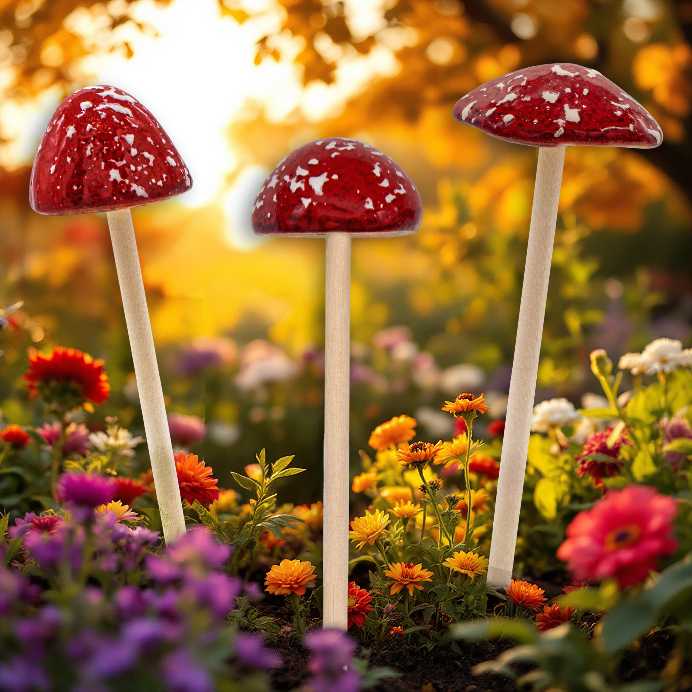 Steingut Deko Pilz Gartenstecker 24 x 6 cm - 3er Set - Fliegenpilz Blumenstecker zur Herbstdeko