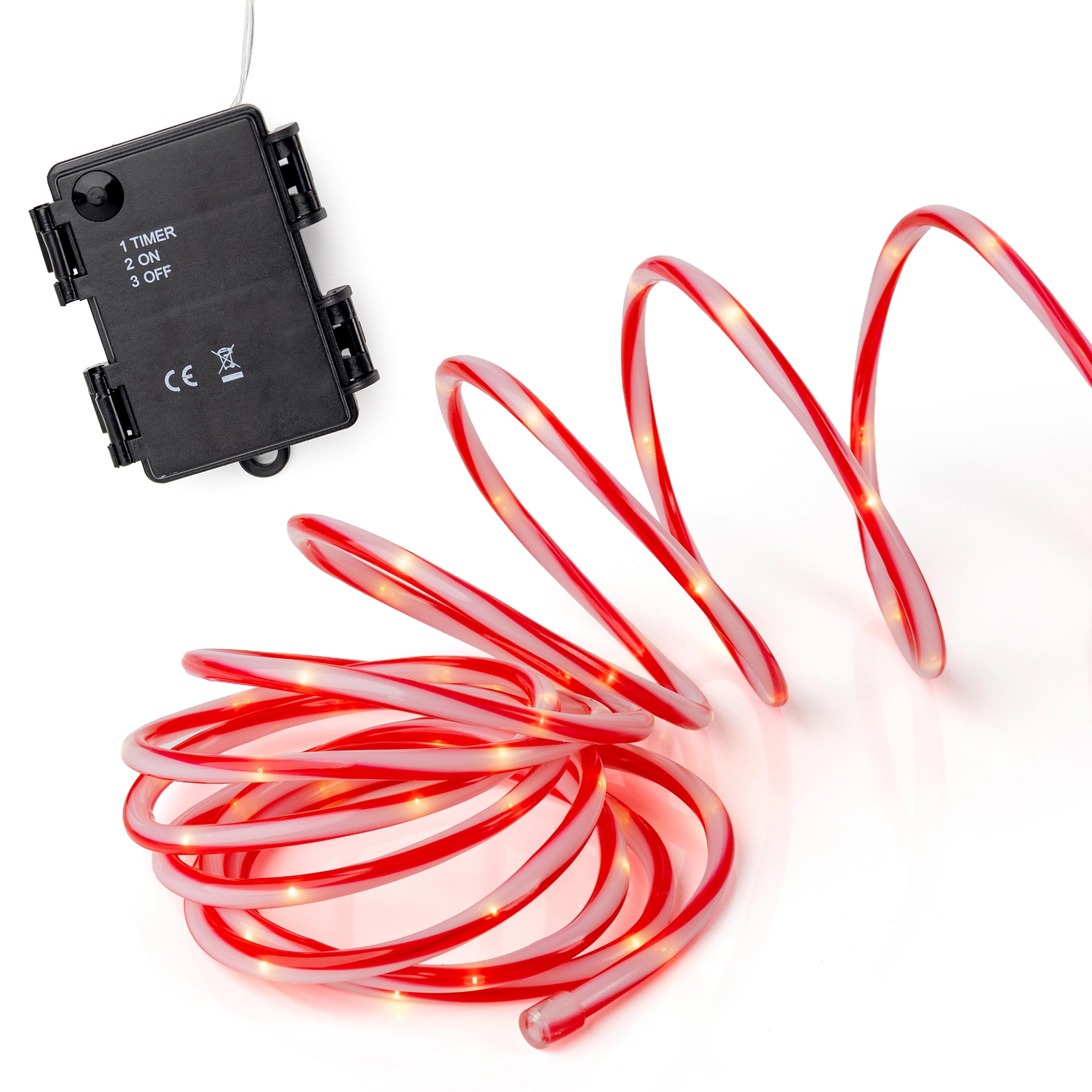 Zuckerstange Lichtschlauch warm weiß für Außen mit Timer - 100 LED - Outdoor Weihnachts Lichterkette rot-weiß gestreift