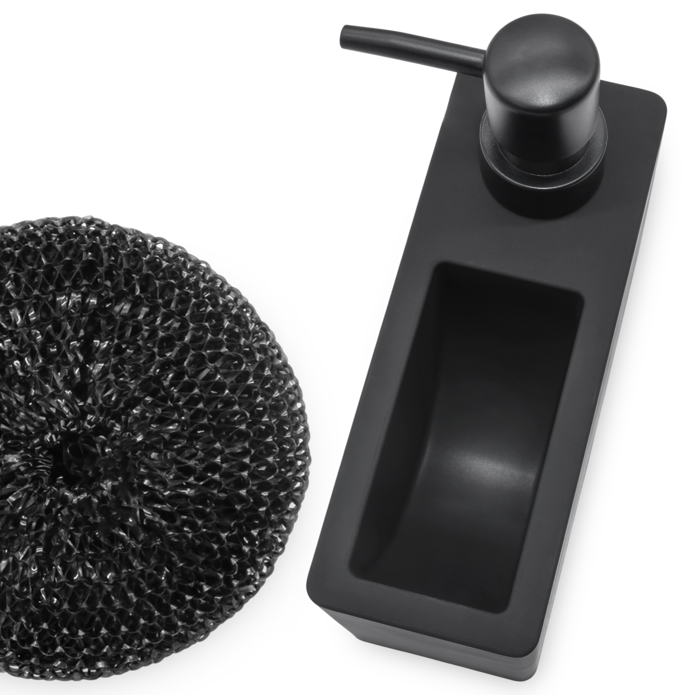 Seifenspender schwarz matt nachfüllbar 320 ml mit Schwamm - 16 x 10 cm - Design Pumpspender für Flüssigseife mit Schwammhalter