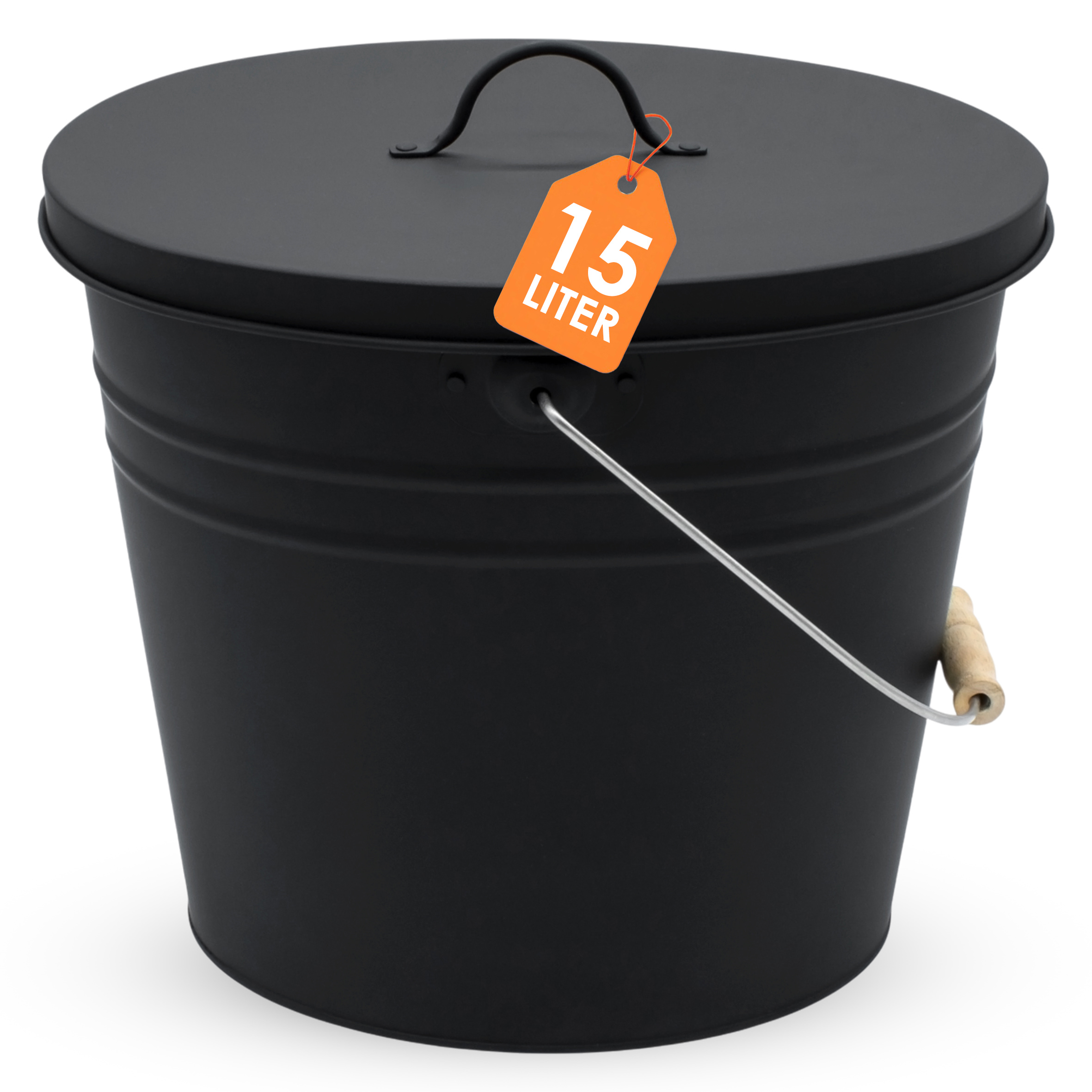 Zink Ascheeimer Oval mit Holzgriff und Deckel 15 L - schwarz - Metall Eimer zum Bepflanzen oder Transportieren