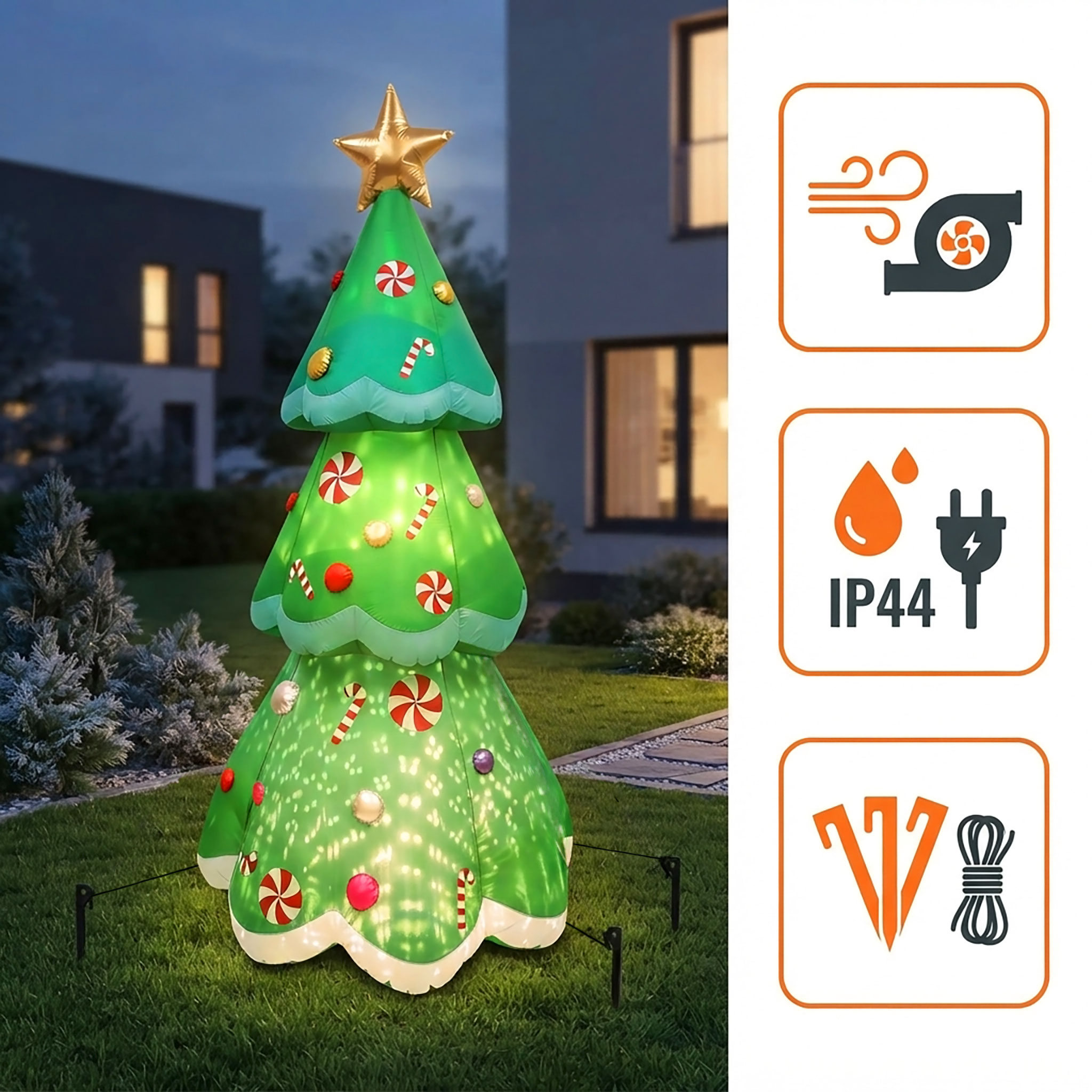 Aufblasbarer XL Weihnachtsbaum mit LED Beleuchtung - 240 x 110 cm - Riesen Tannenbaum selbstaufblasend mit bunten LEDs für Außen und Innen