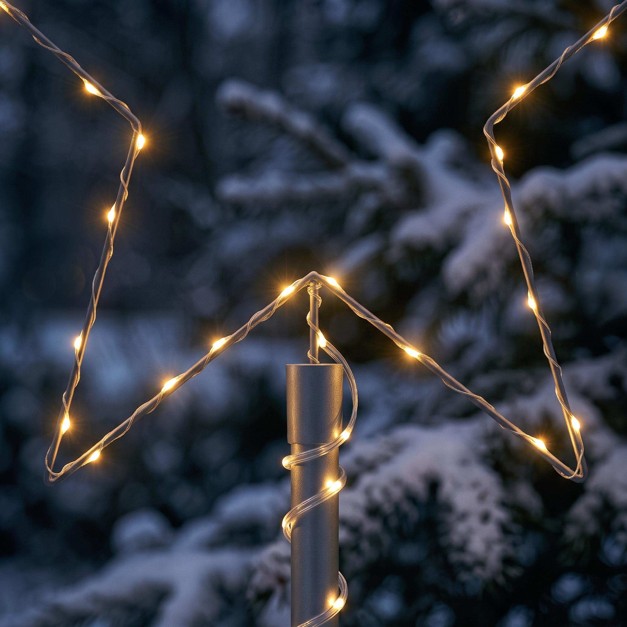 LED Metall Stern Spitze 80 cm für Fahnenmast bis 6,20 m mit Netzteil für Außen - 230 LEDs - Leuchtstern Silhouette silber mit 7 m Lichterkette in warm weiß mit Timer