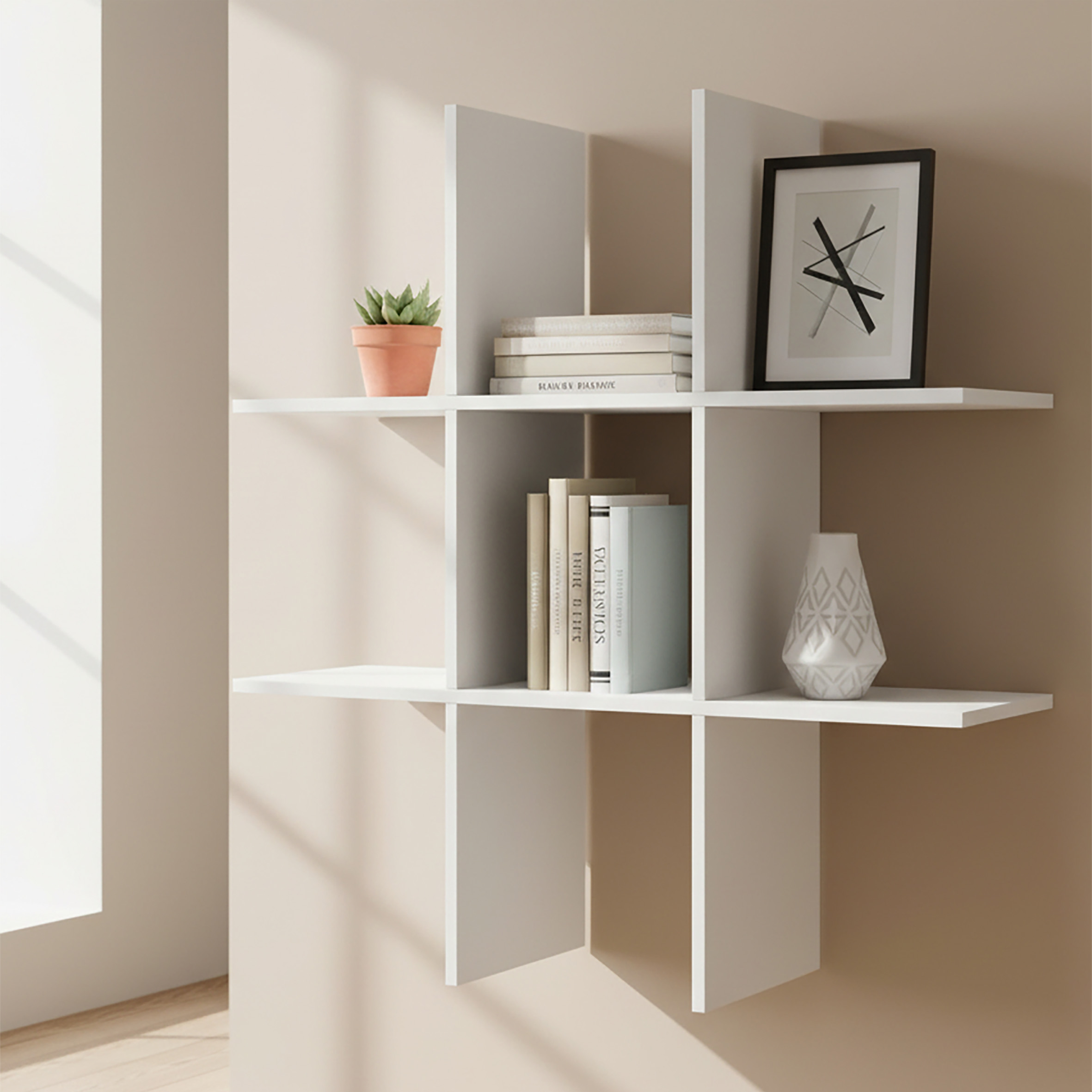 Holz Wandregal 55 x 55 cm schwebend mit 6 Fächern - weiß - Schweberegal im Würfel Design mit Melamin Furnier