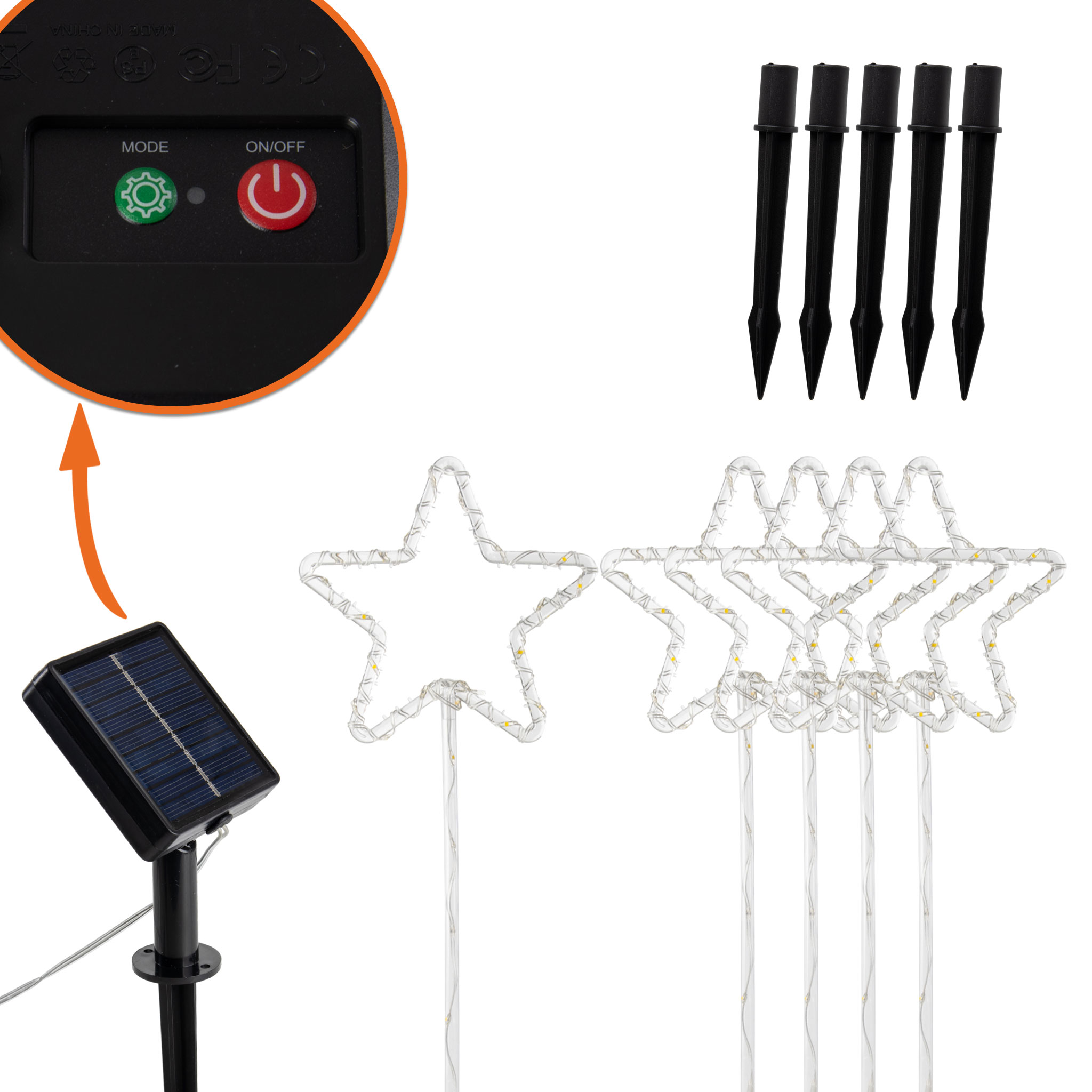LED Solar Gartenstecker Stern mit 125 LEDs und 8 Funktionen - 5er Set - Weihnachts Deko Beleuchtung warm weiß für Außen