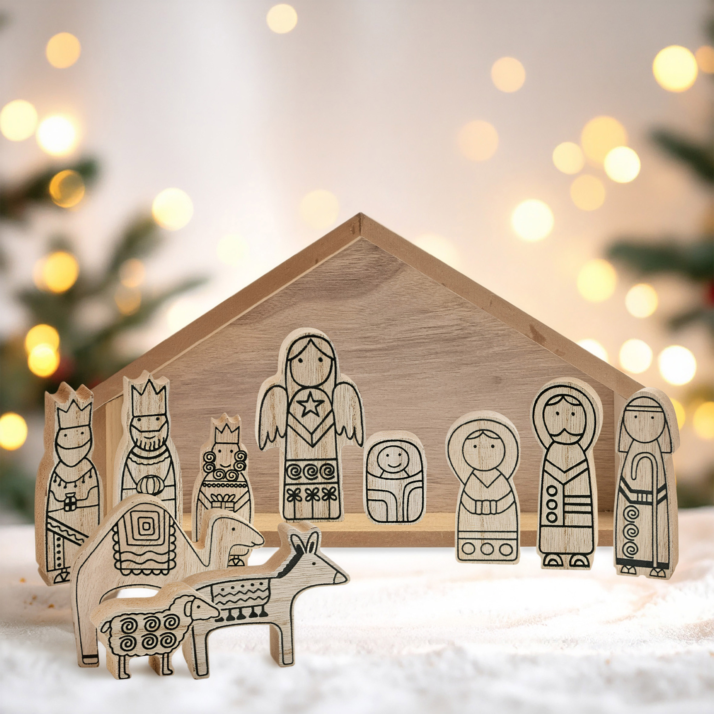 Weihnachts Krippenstall und Figuren aus Holz natur - 12 teilig - Weihnachtskrippe mit Stall und 11 Holzfiguren