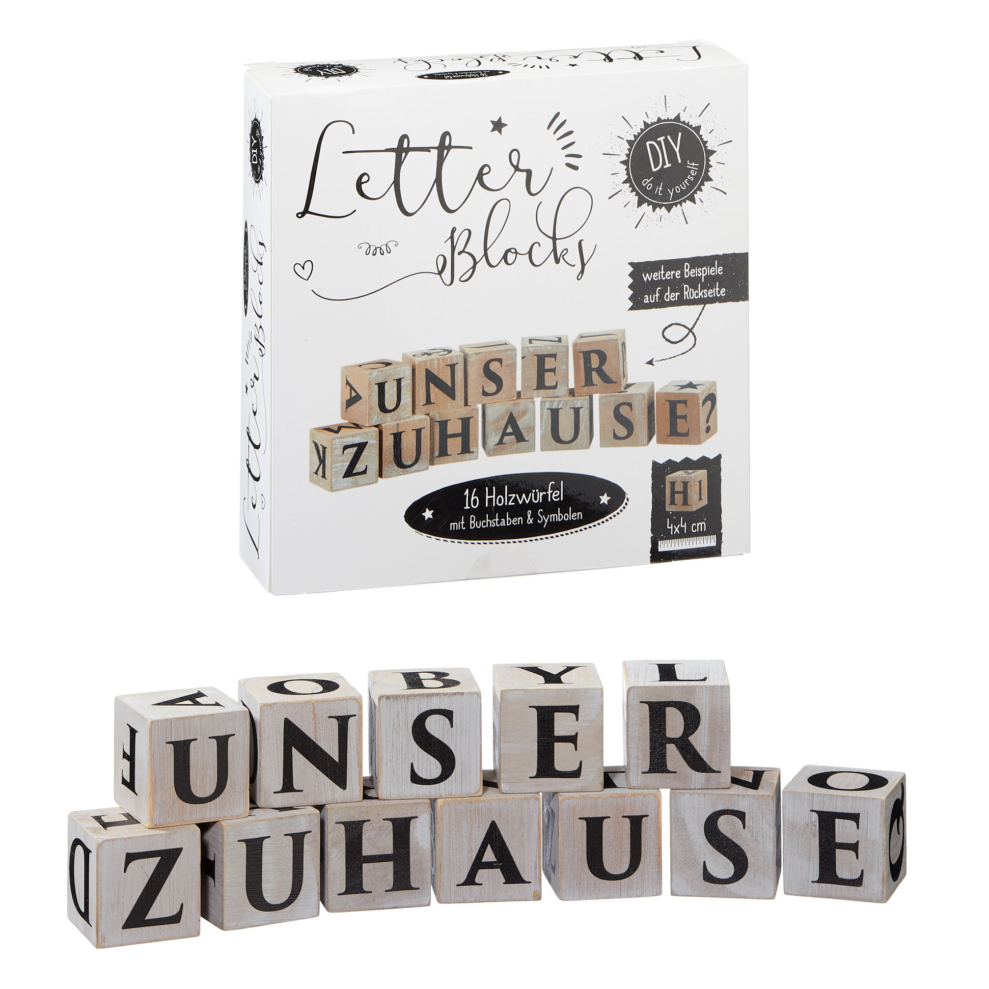 Holz Letter Blocks - 16 Würfel - Holzwürfel mit Buchstaben und Symbolen 