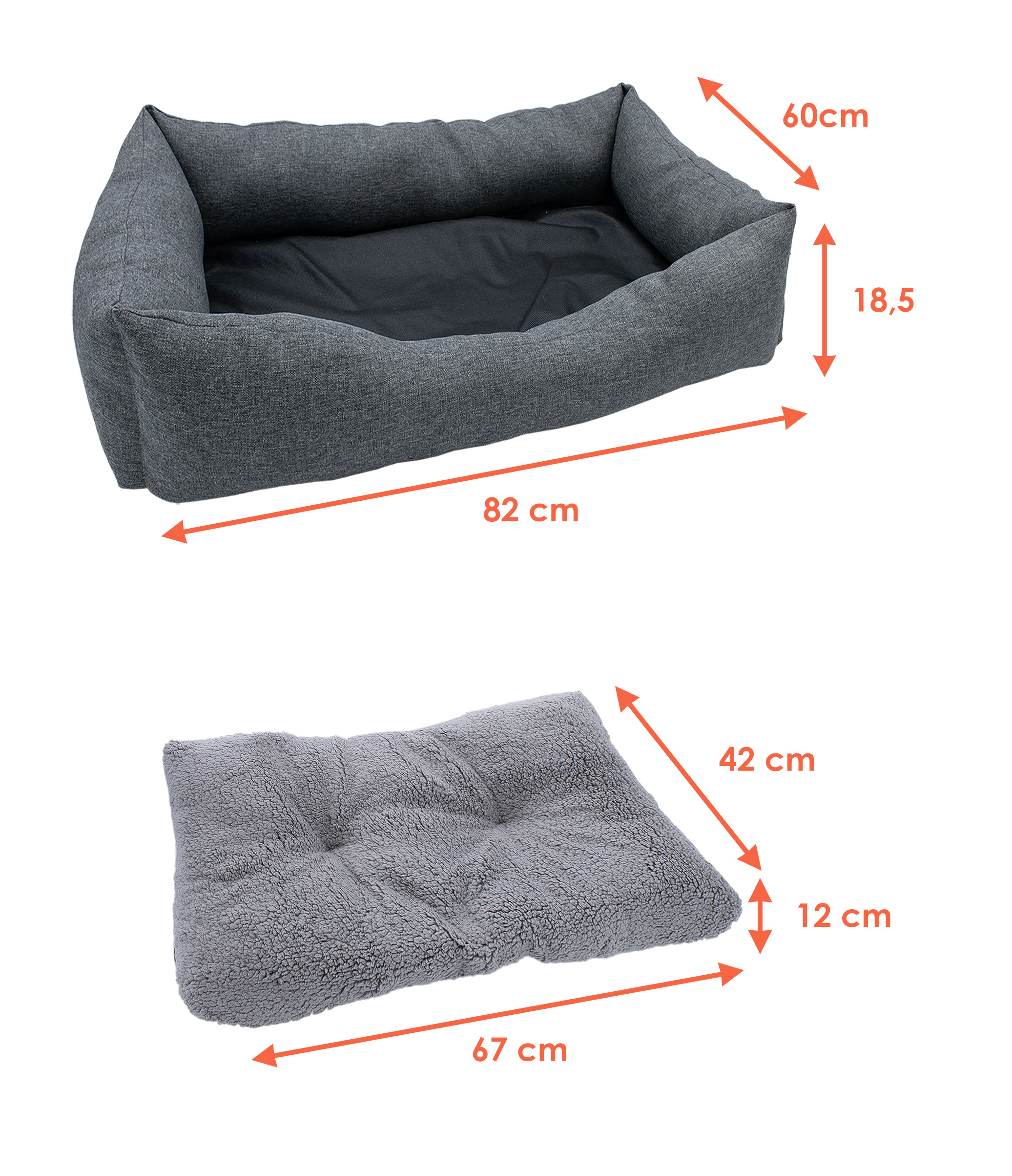 Plüsch Heimtier Korb in grau mit entnehmbarem Kissen - 82 x 60 cm - Hundebett mit rutschfester Unterseite
