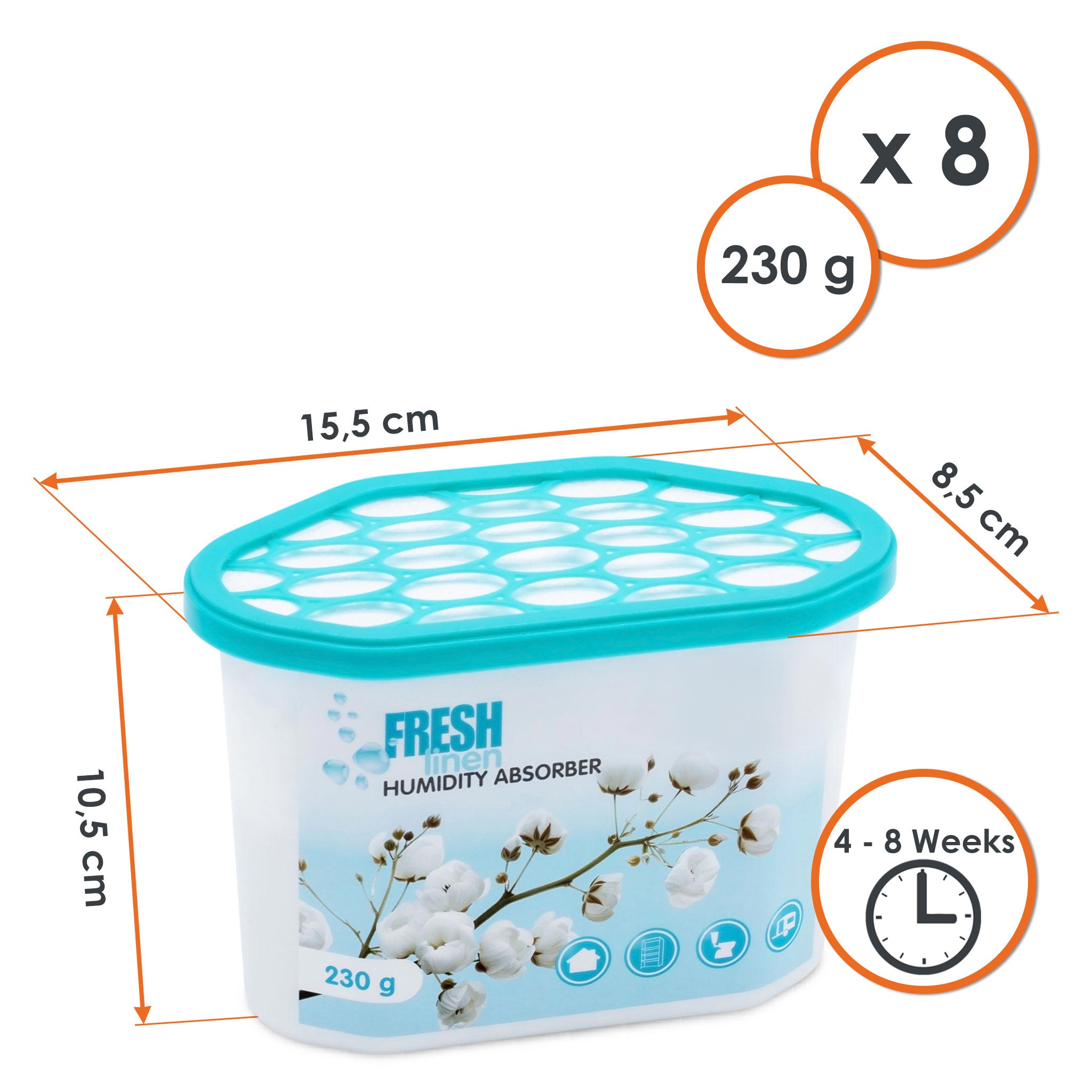 Luftentfeuchter Granulat Box mit 230g Frischeduft Granulat - 8er Pack - Raumentfeuchter mit Frische Wäsche Duft Entfeuchtergranulat