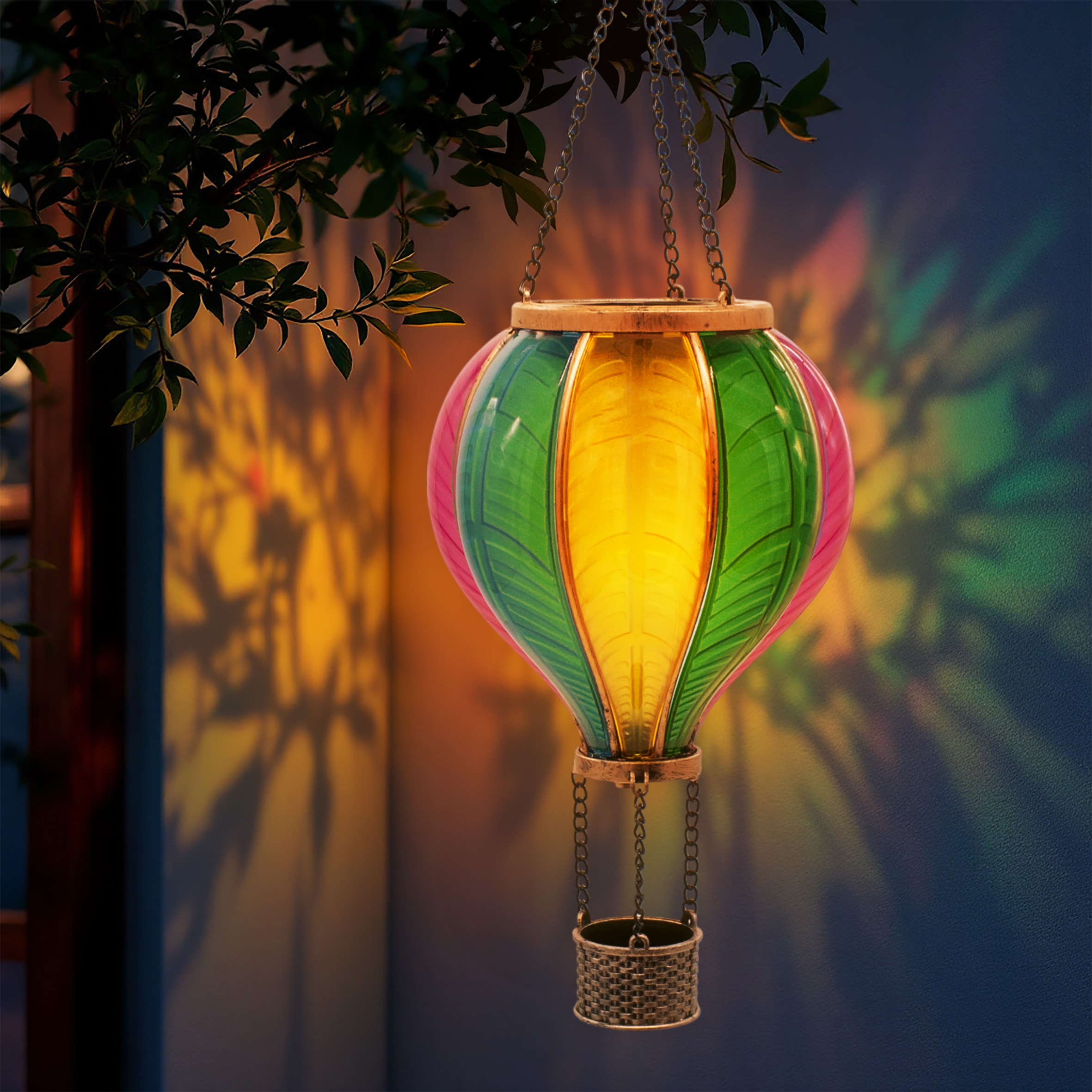 Solar LED Heißluftballon bunt zum Hängen - 45 cm - Garten Lichtspiel mit Flammen Effekt warm weiß