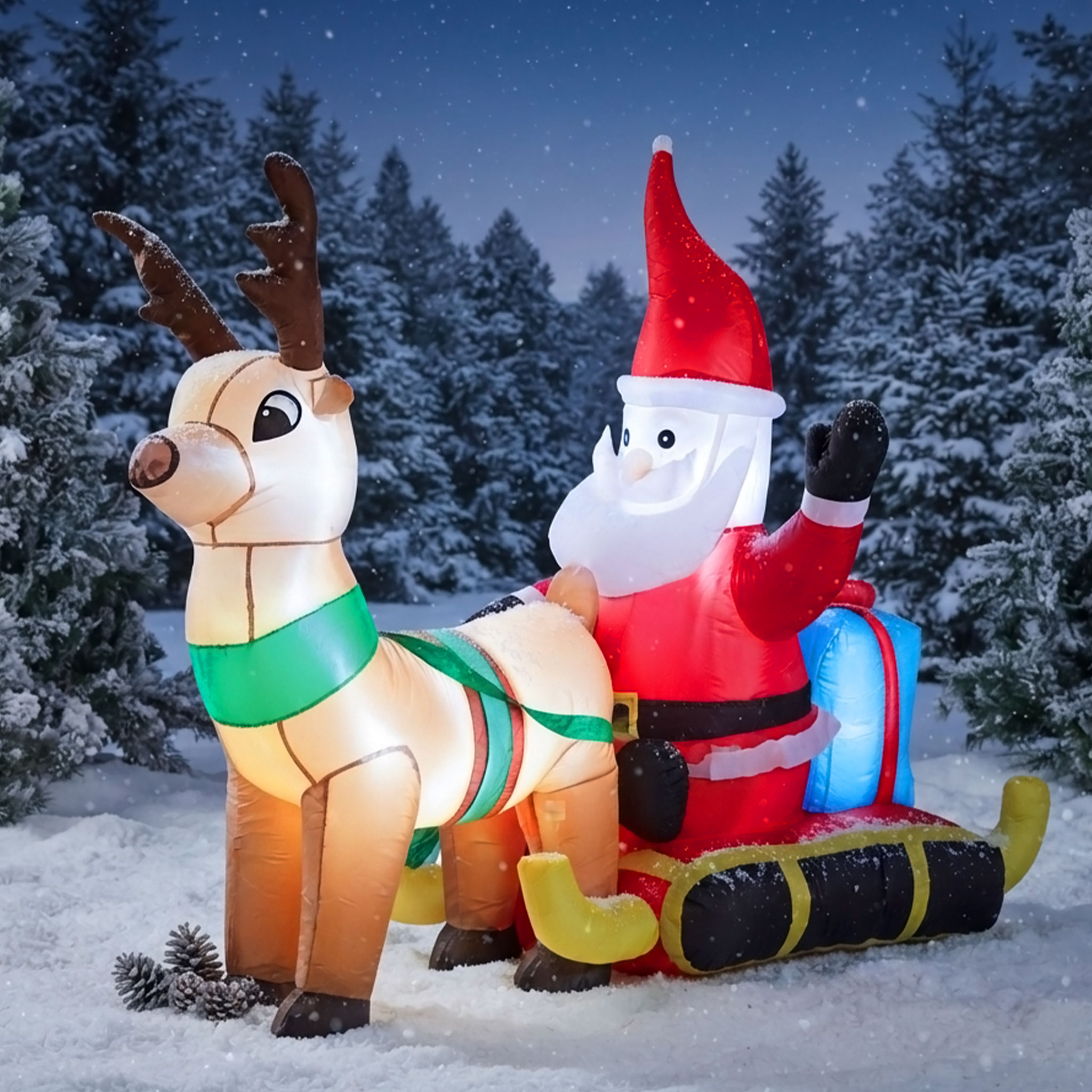 Aufblasbarer XL Rentierschlitten mit LED Beleuchtung und Stecker für Außen und Innen - 200 x 130 cm - Riesen Weihnachtsfigur selbstaufblasend bunt beleuchtet