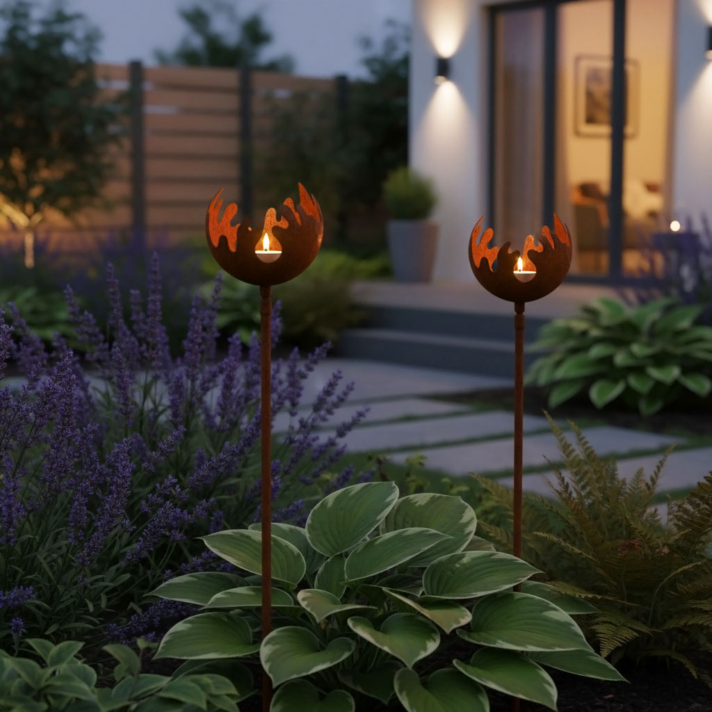 Metall Gartenstecker Naturrost Feuerball - 2 Größen / einzeln oder im 2er Set - Rost Windlicht mit Erdspieß